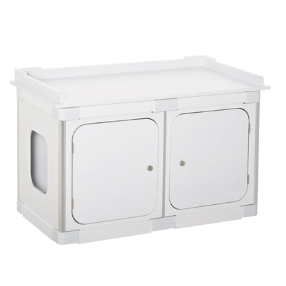PawHut Wooden Cat Litter Box Enclosure Washroom Toilet Home Cabinet Kitty House Nightstand End Table Magnetic Door Adjustable Partition Board White