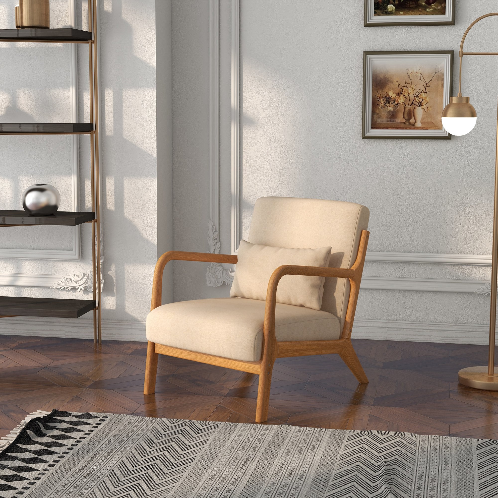 HOMCOM Fabric Accent Chair, Velvet Armchair, Retro Living Room Chair with Wood Legs and Thick Padding for Bedroom, Beige