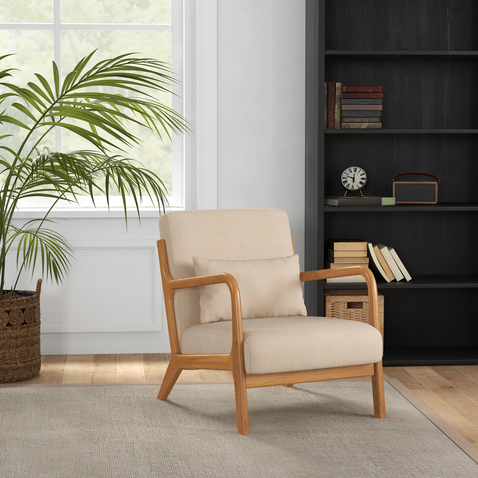 HOMCOM Fabric Accent Chair, Velvet Armchair, Retro Living Room Chair with Wood Legs and Thick Padding for Bedroom, Beige