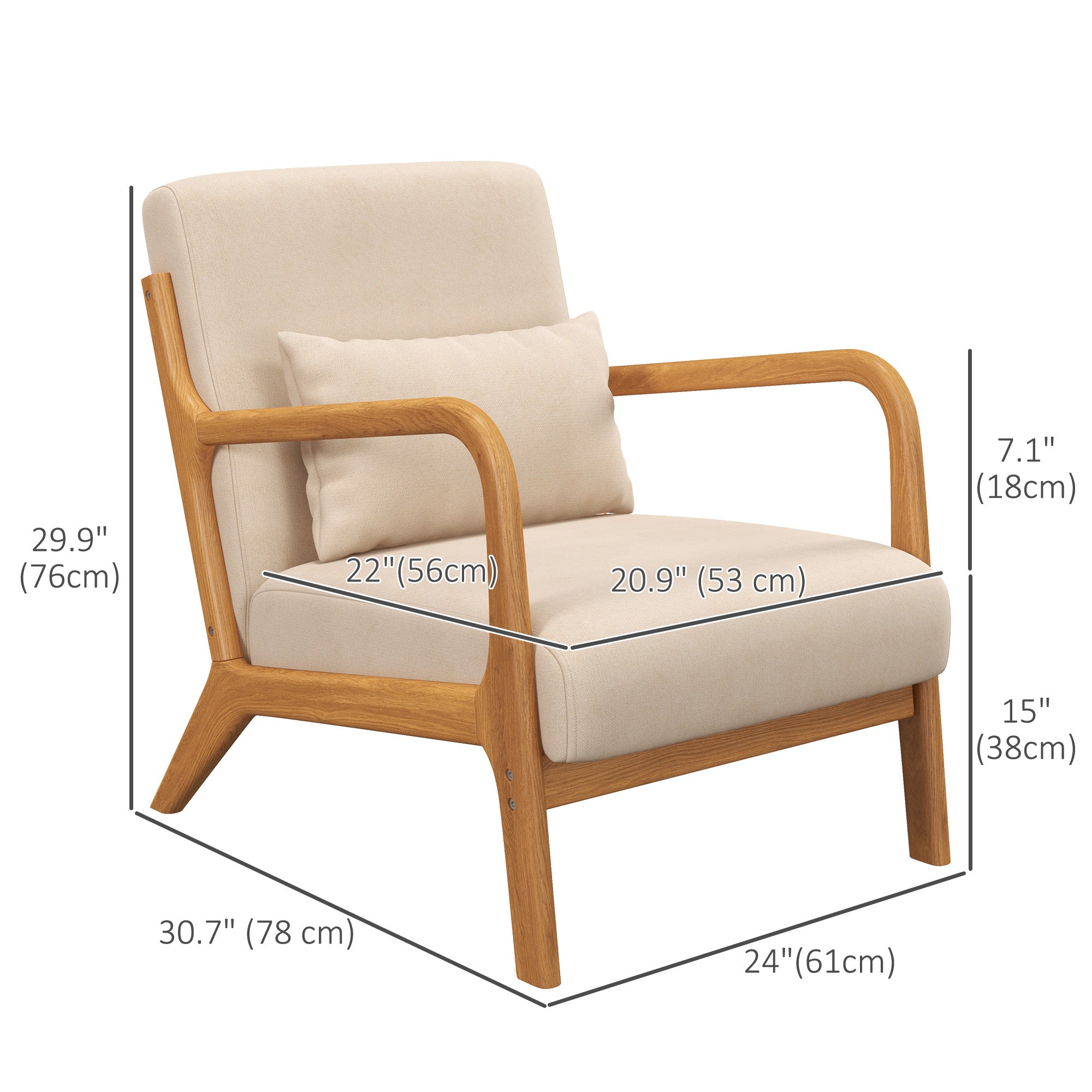 HOMCOM Fabric Accent Chair, Velvet Armchair, Retro Living Room Chair with Wood Legs and Thick Padding for Bedroom, Beige