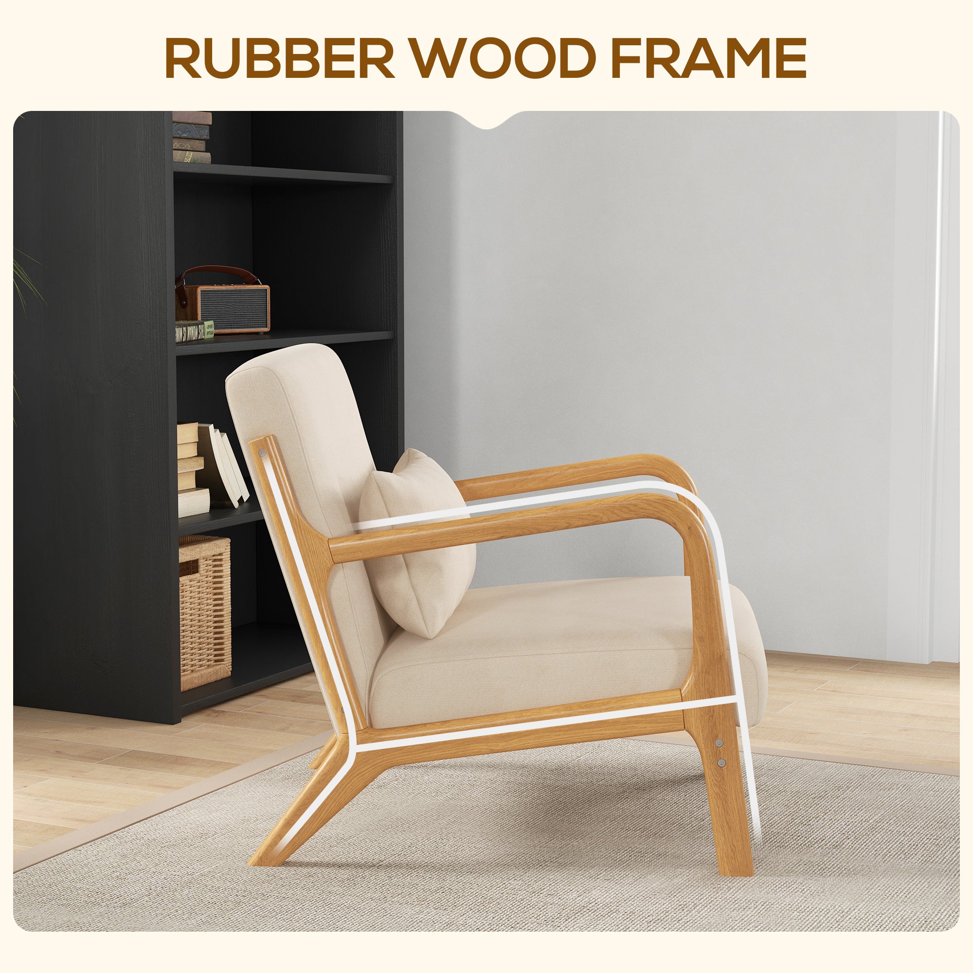 HOMCOM Fabric Accent Chair, Velvet Armchair, Retro Living Room Chair with Wood Legs and Thick Padding for Bedroom, Beige