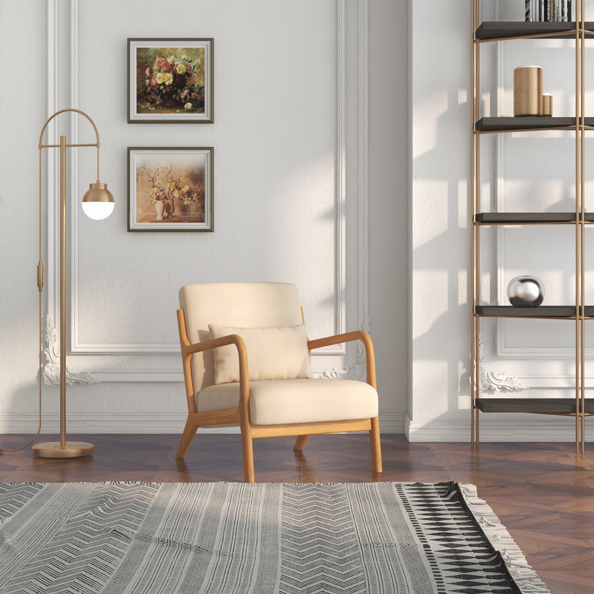 HOMCOM Fabric Accent Chair, Velvet Armchair, Retro Living Room Chair with Wood Legs and Thick Padding for Bedroom, Beige
