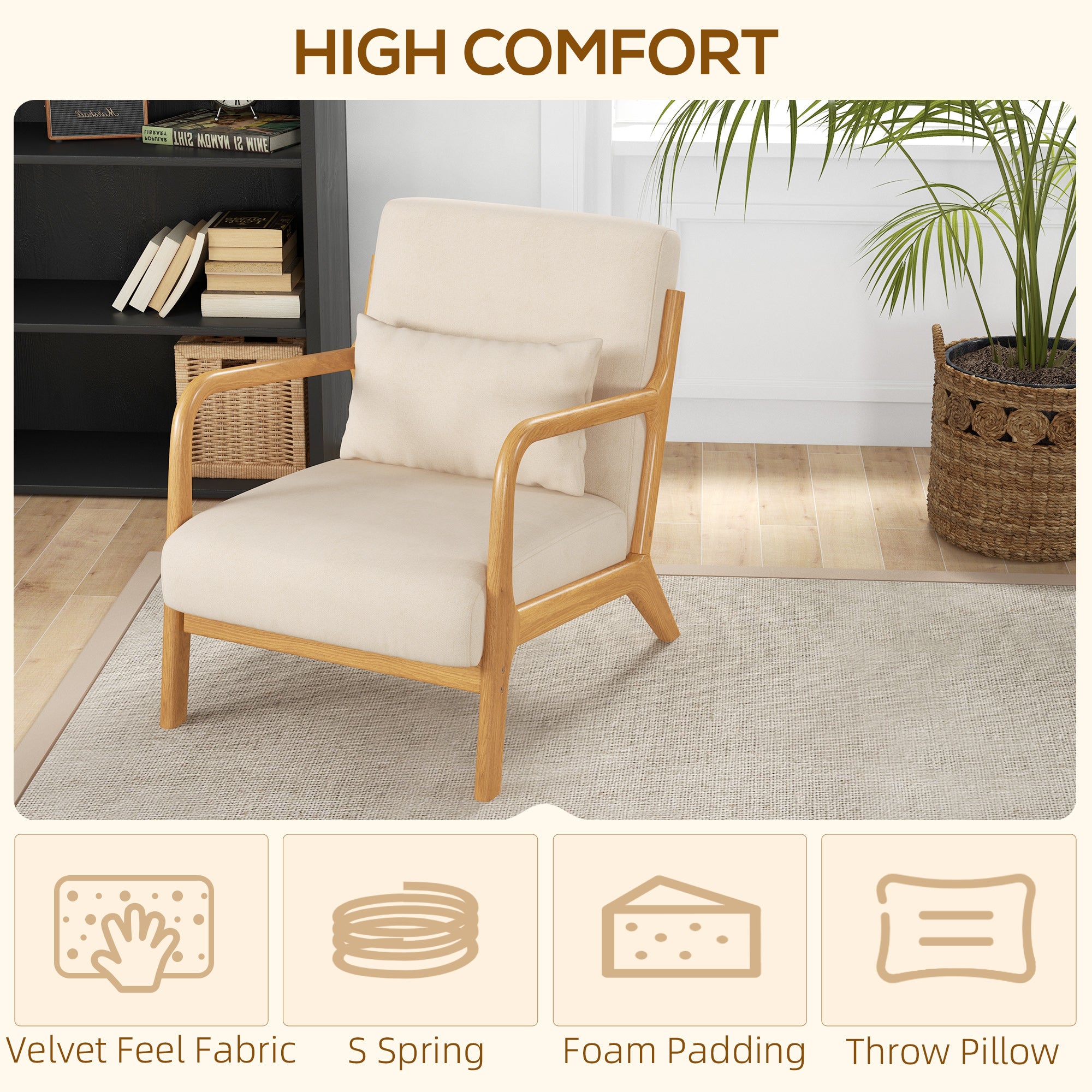 HOMCOM Fabric Accent Chair, Velvet Armchair, Retro Living Room Chair with Wood Legs and Thick Padding for Bedroom, Beige