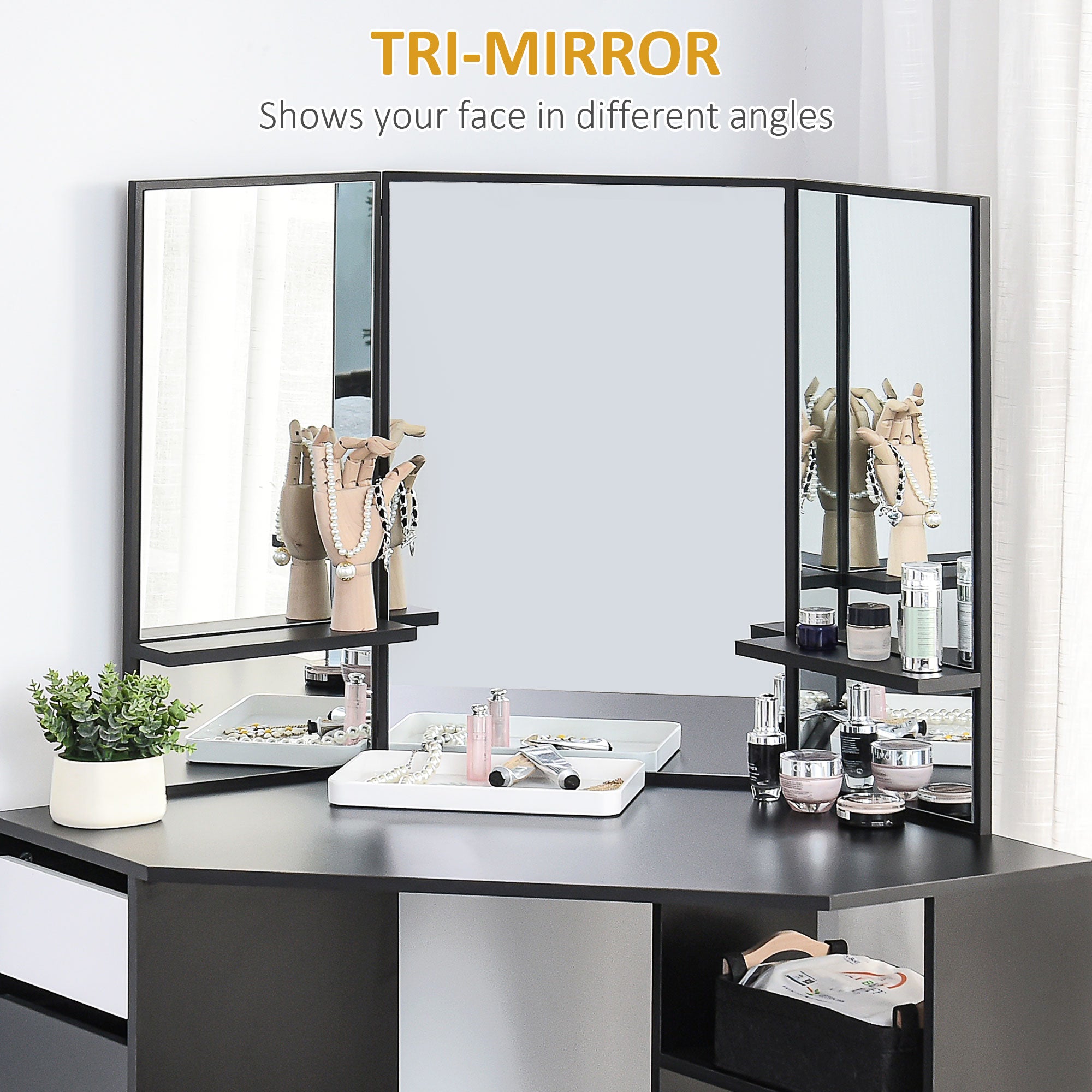 HOMCOM Corner Vanity Desk with Mirror, Makeup Vanity Table with 5 Drawers, Dressing Table with 3-piece Mirror, Black