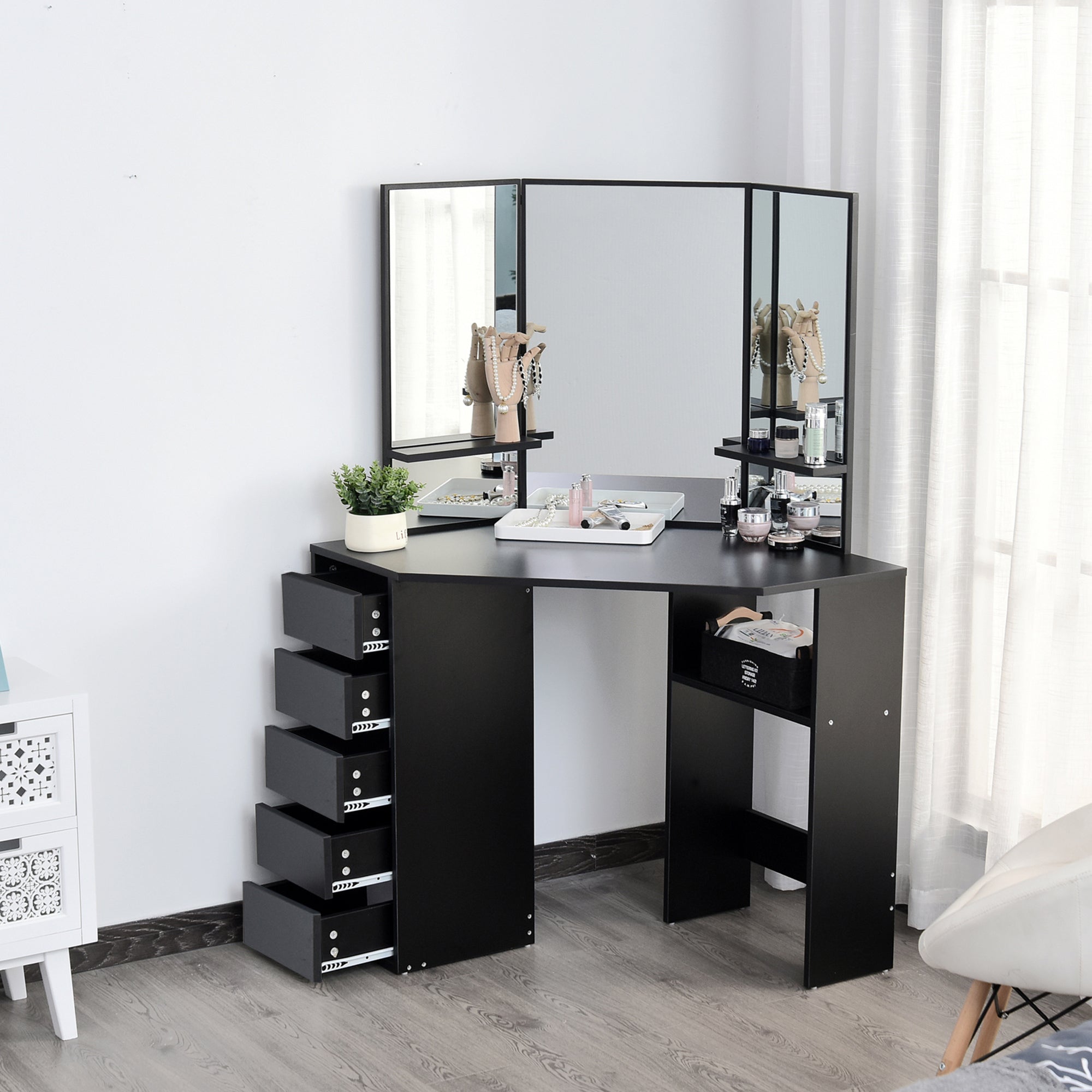 HOMCOM Corner Vanity Desk with Mirror, Makeup Vanity Table with 5 Drawers, Dressing Table with 3-piece Mirror, Black