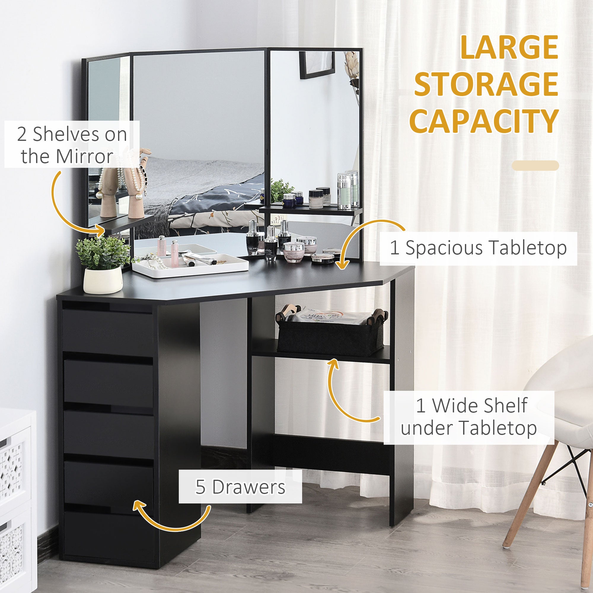 HOMCOM Corner Vanity Desk with Mirror, Makeup Vanity Table with 5 Drawers, Dressing Table with 3-piece Mirror, Black