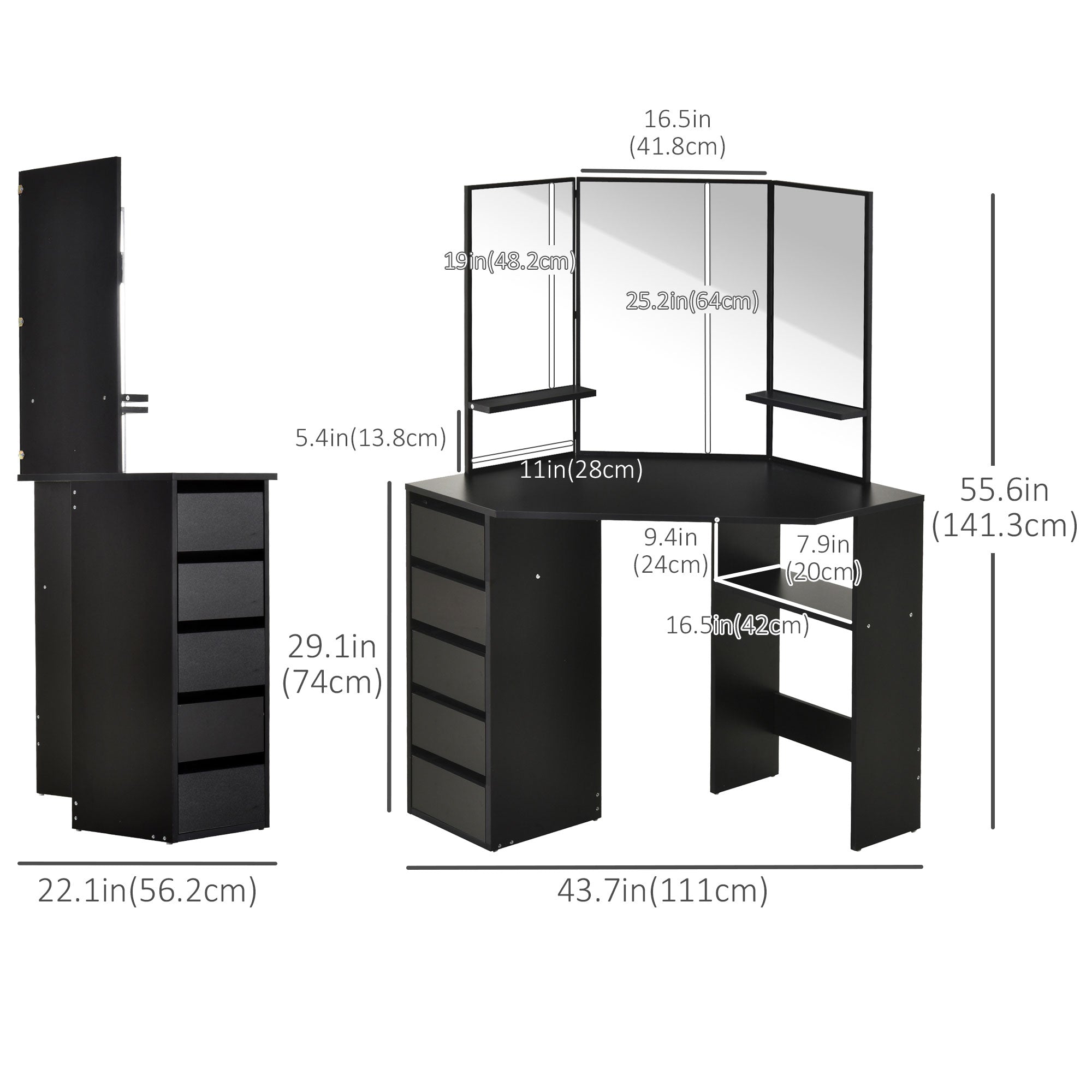 HOMCOM Corner Vanity Desk with Mirror, Makeup Vanity Table with 5 Drawers, Dressing Table with 3-piece Mirror, Black
