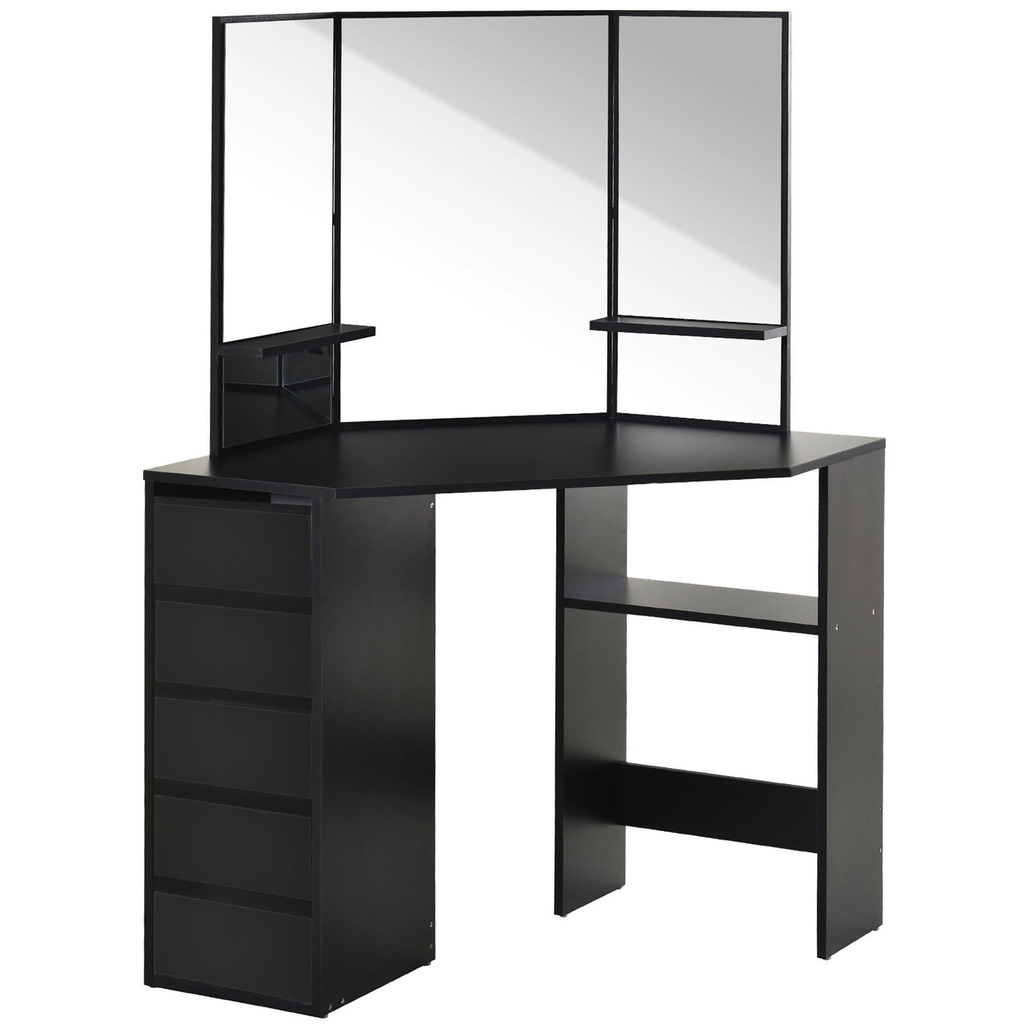 HOMCOM Corner Vanity Desk with Mirror, Makeup Vanity Table with 5 Drawers, Dressing Table with 3-piece Mirror, Black