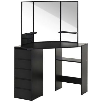 HOMCOM Corner Vanity Desk with Mirror, Makeup Vanity Table with 5 Drawers, Dressing Table with 3-piece Mirror, Black