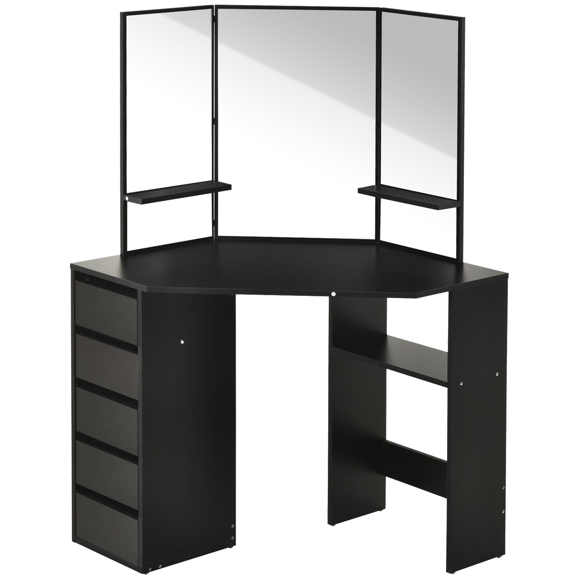HOMCOM Corner Vanity Desk with Mirror, Makeup Vanity Table with 5 Drawers, Dressing Table with 3-piece Mirror, Black