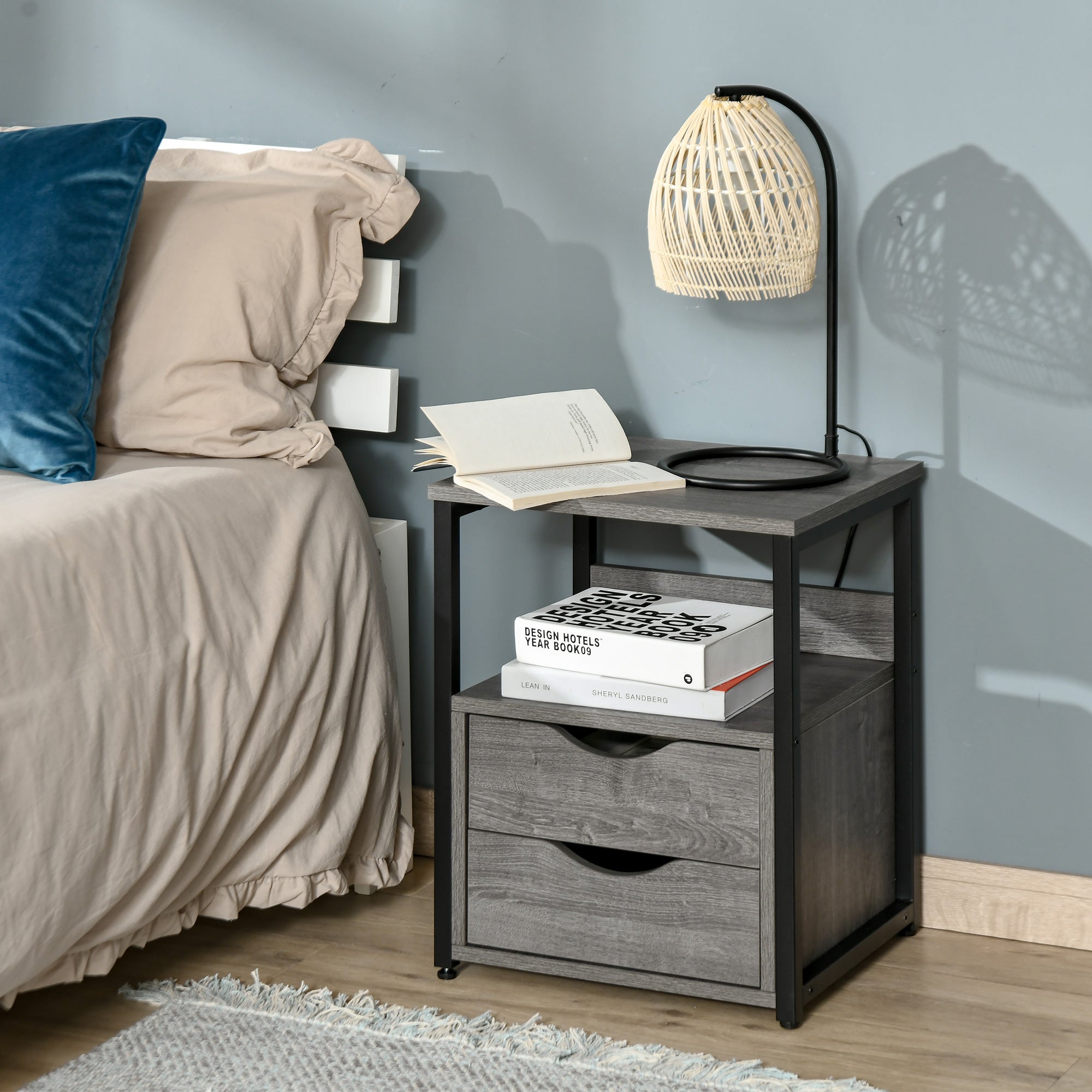 HOMCOM Nightstand with 2 Drawers, Industrial Side Table with Storage Shelf, Accent End Table for Bedroom, Grey