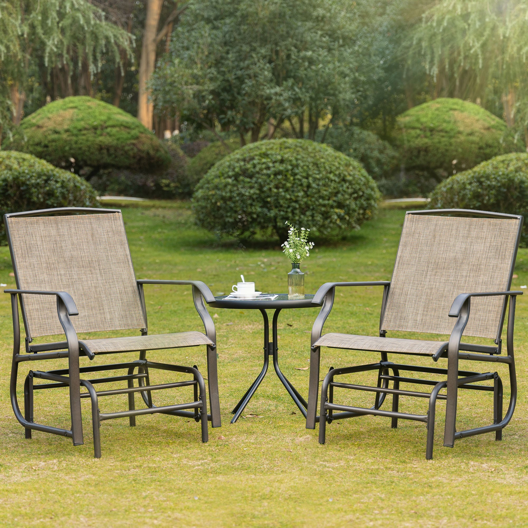 Outsunny 2 Pieces Outdoor Patio Glider Chairs, 2 Person Glider Rocking Chair Set with Breathable Mesh Fabric and Steel Frame for Porch, Garden, Outdoor Furniture Set, Dark Brown
