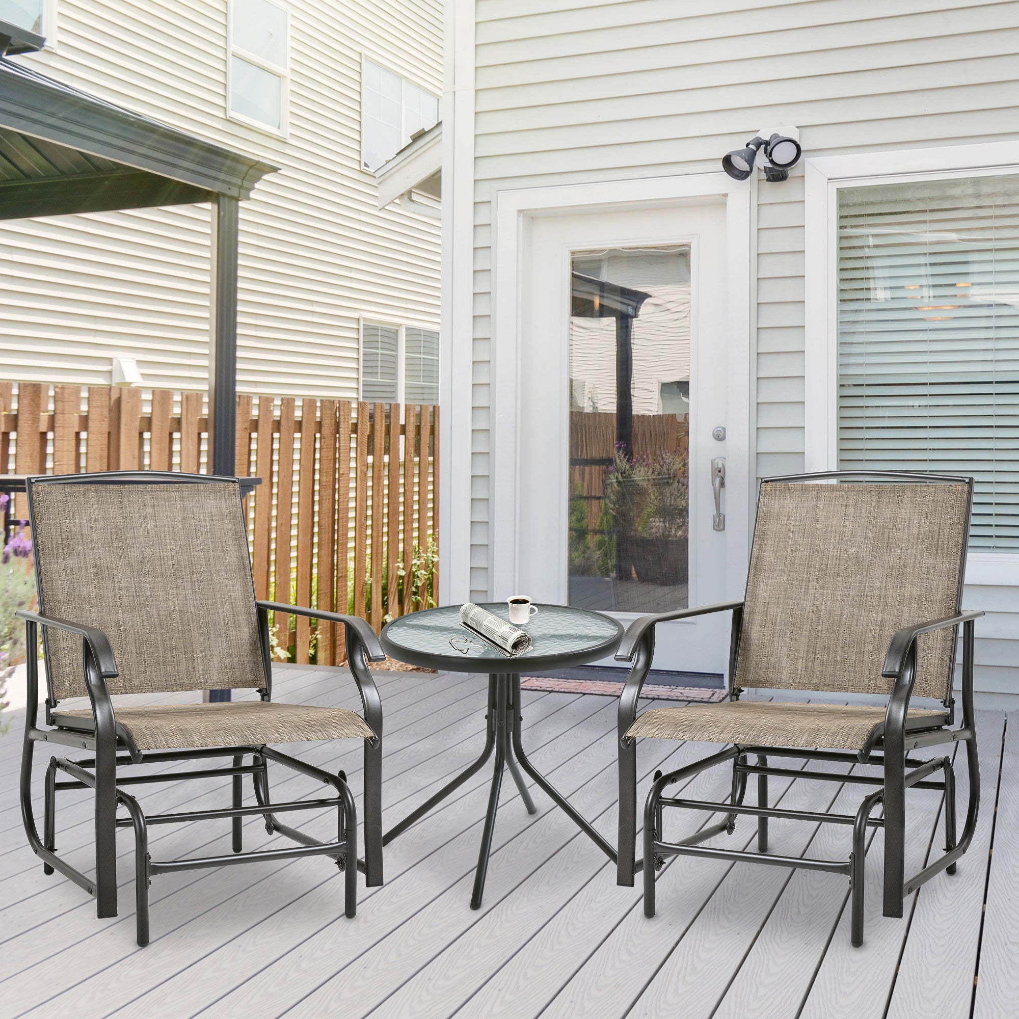 Outsunny 2 Pieces Outdoor Patio Glider Chairs, 2 Person Glider Rocking Chair Set with Breathable Mesh Fabric and Steel Frame for Porch, Garden, Outdoor Furniture Set, Dark Brown