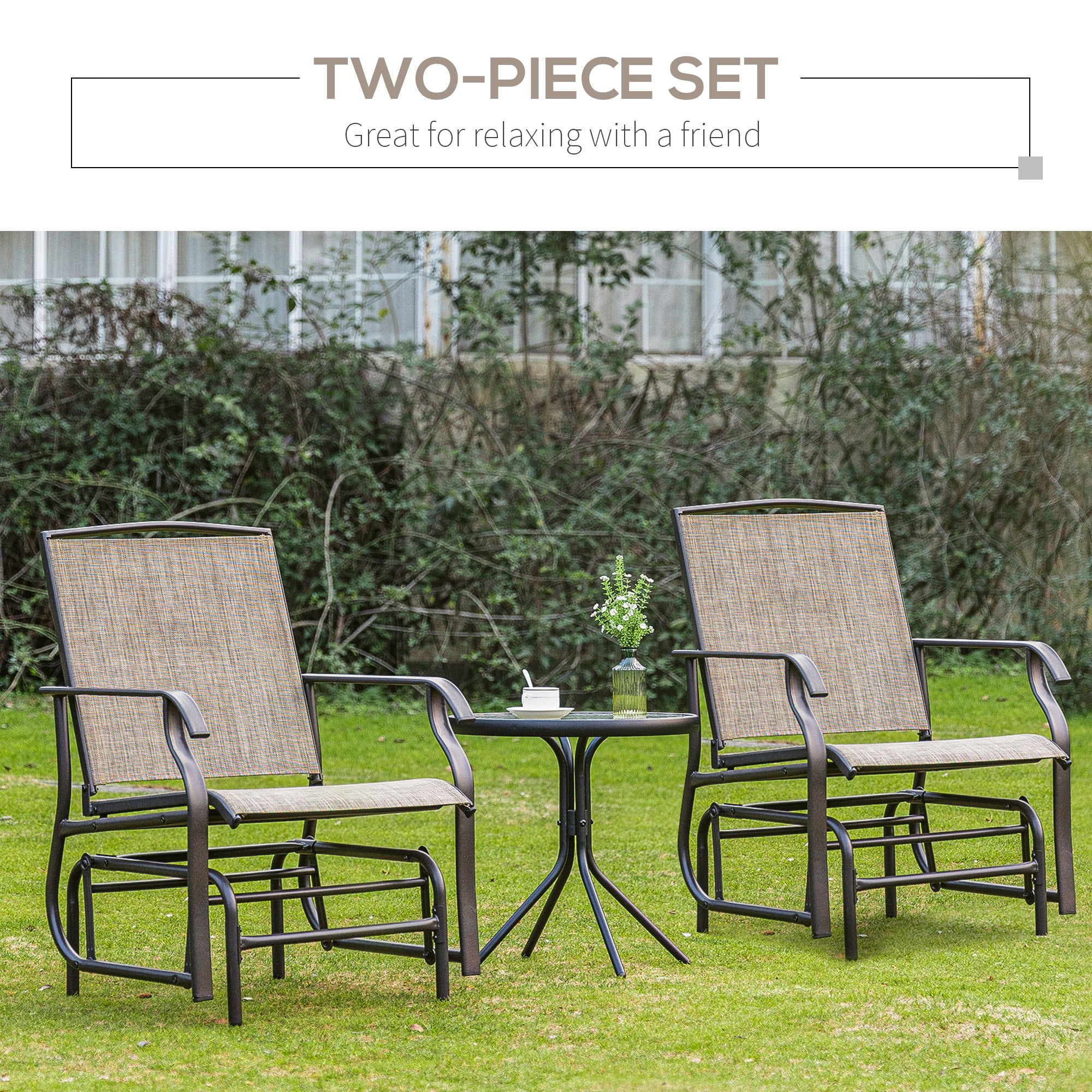 Outsunny 2 Pieces Outdoor Patio Glider Chairs, 2 Person Glider Rocking Chair Set with Breathable Mesh Fabric and Steel Frame for Porch, Garden, Outdoor Furniture Set, Dark Brown