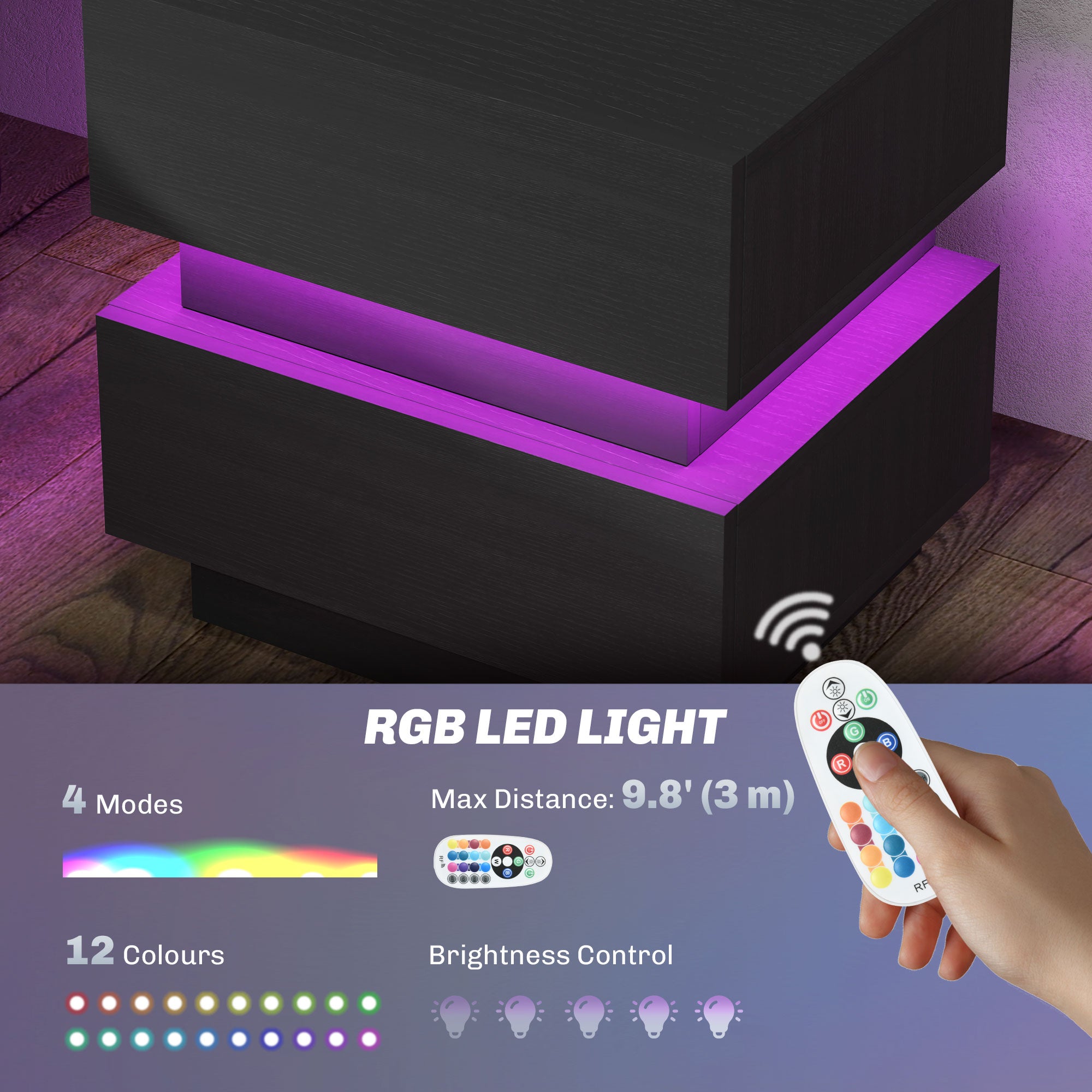 HOMCOM Nightstand with Charging Station and LED Light, Bedside Table with USB Ports and AC Outlets, Side Table with Storage and Remote for Bedroom, Black