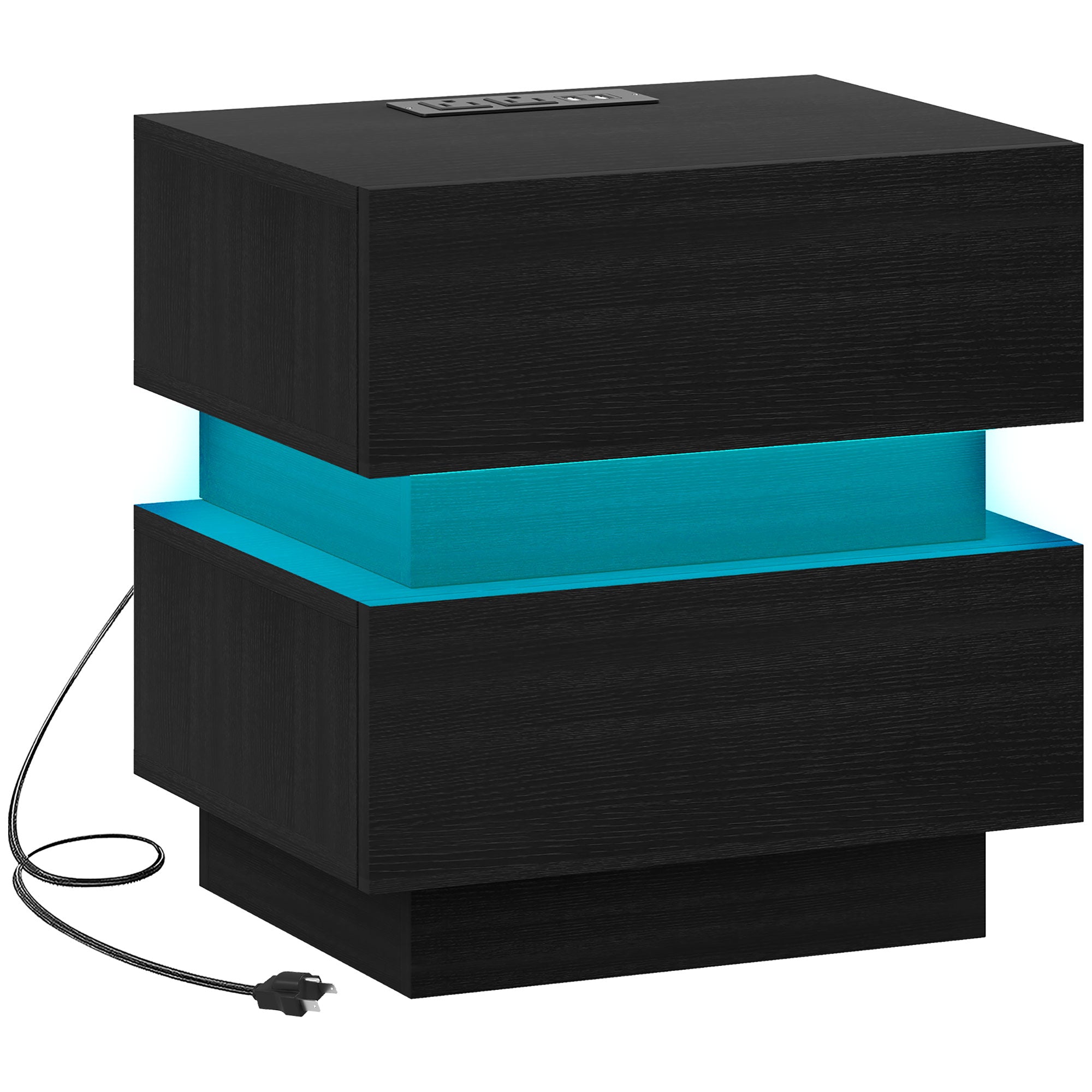 HOMCOM Nightstand with Charging Station and LED Light, Bedside Table with USB Ports and AC Outlets, Side Table with Storage and Remote for Bedroom, Black