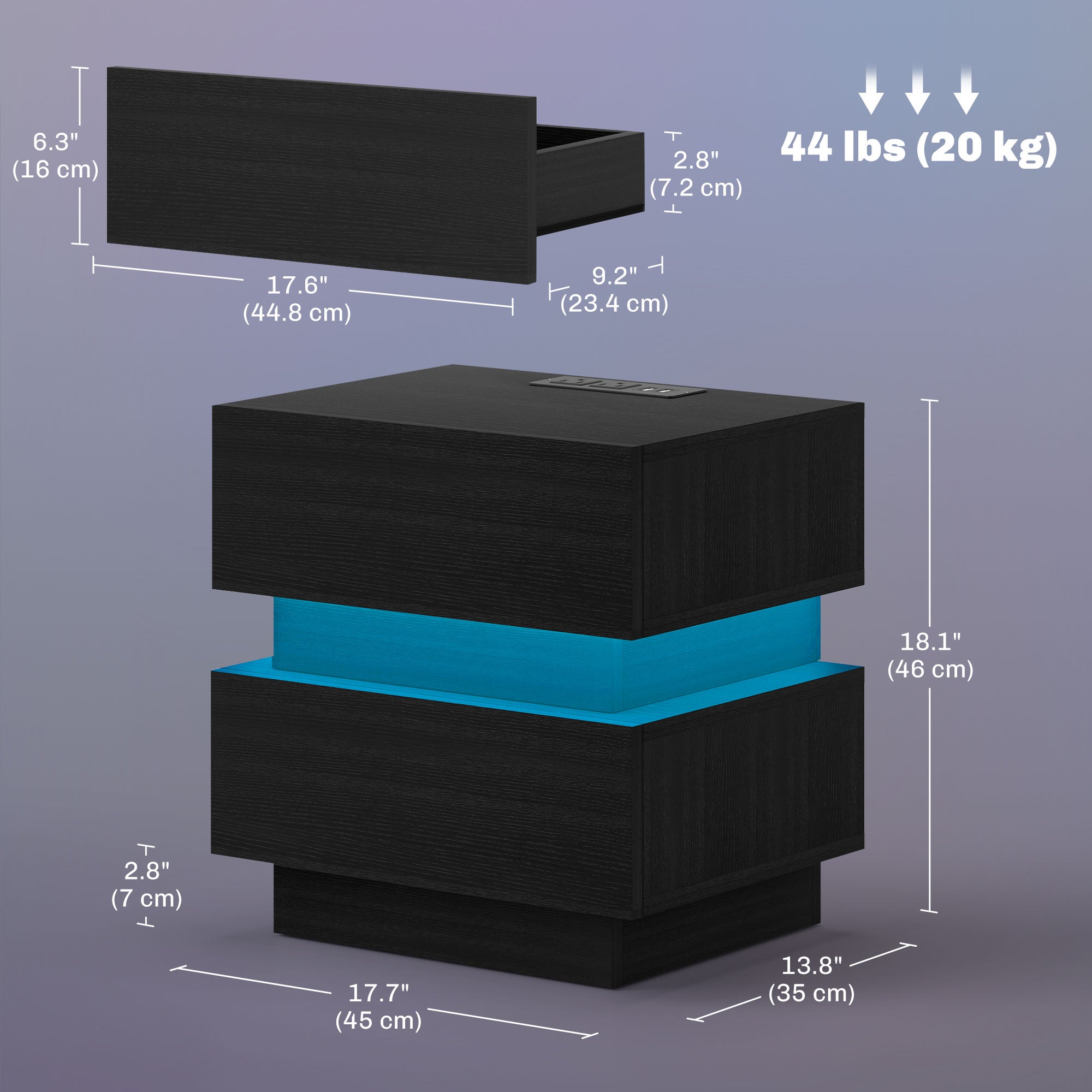 HOMCOM Nightstand with Charging Station and LED Light, Bedside Table with USB Ports and AC Outlets, Side Table with Storage and Remote for Bedroom, Black