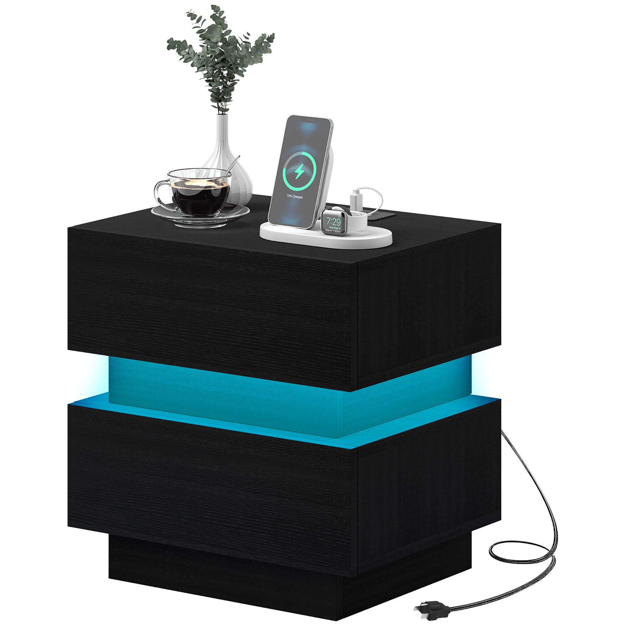 HOMCOM Nightstand with Charging Station and LED Light, Bedside Table with USB Ports and AC Outlets, Side Table with Storage and Remote for Bedroom, Black