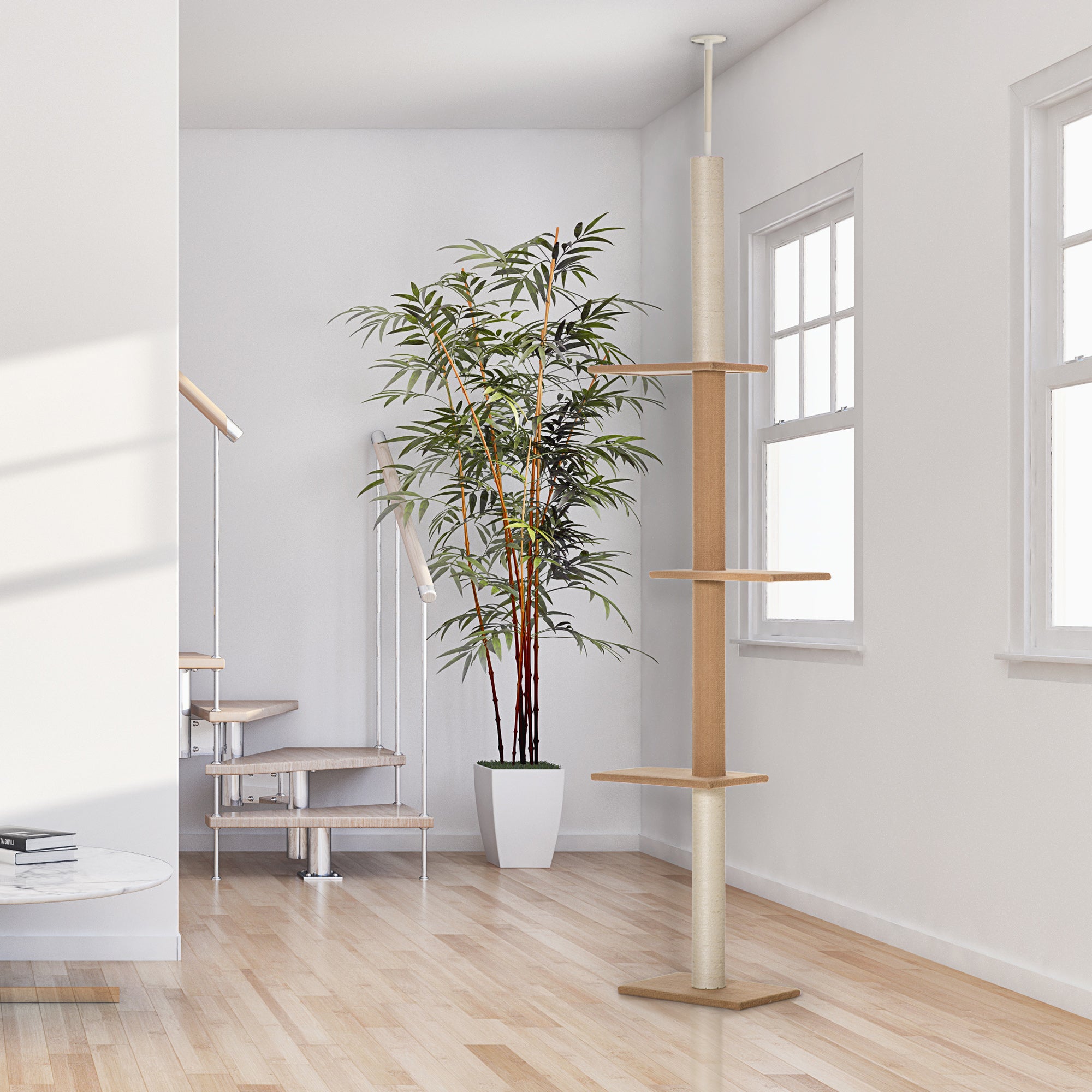 PawHut 90"- 102" Floor to Ceiling Cat Tree, 3 Tier Cat Tower Tall Cat Tree Pet Activity Center for Indoor Use, Brown