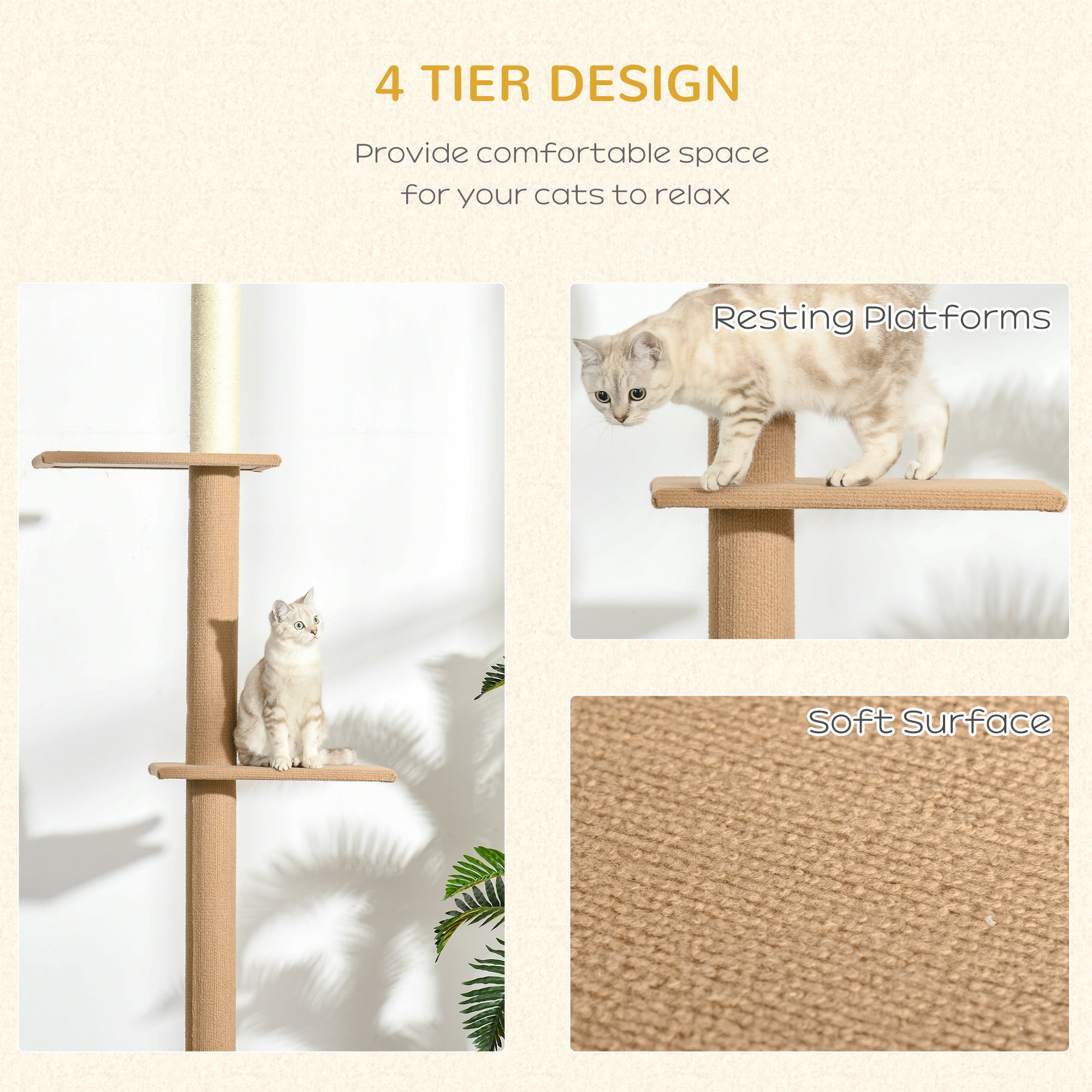 PawHut 90"- 102" Floor to Ceiling Cat Tree, 3 Tier Cat Tower Tall Cat Tree Pet Activity Center for Indoor Use, Brown
