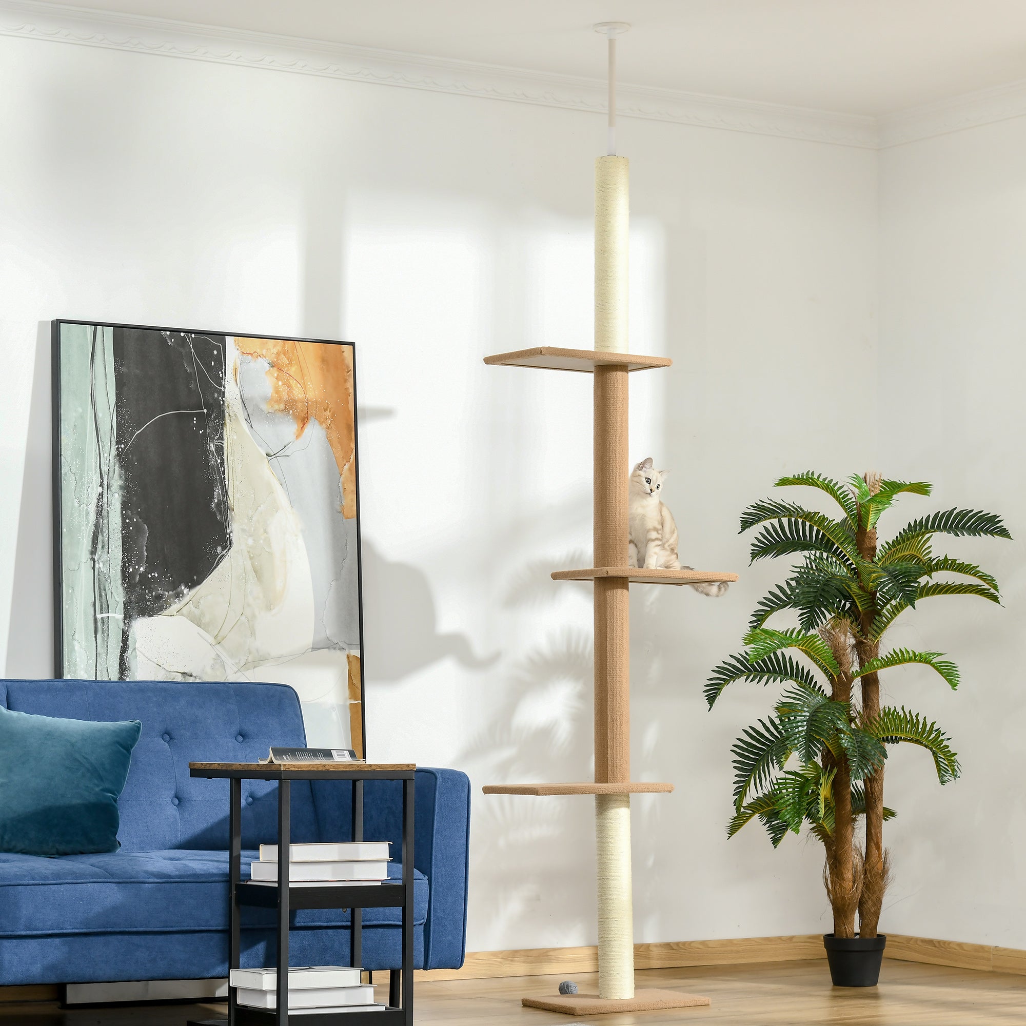 PawHut 90"- 102" Floor to Ceiling Cat Tree, 3 Tier Cat Tower Tall Cat Tree Pet Activity Center for Indoor Use, Brown