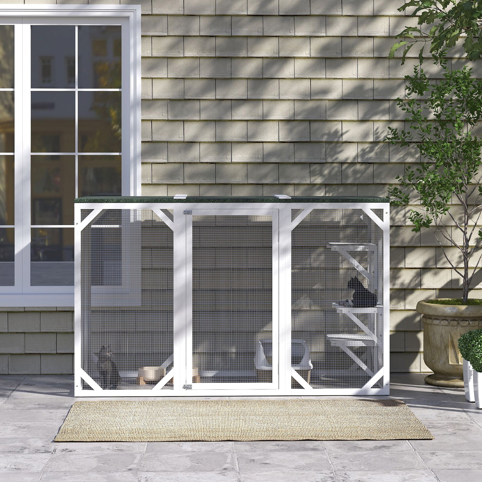 PawHut Cat Cage Indoor Catio Outdoor Cat Enclosure Pet House Small Animal Hutch for Rabbit, Kitten, Crate Kennel with Waterproof Roof, Multi-Level Platforms, Lock, White