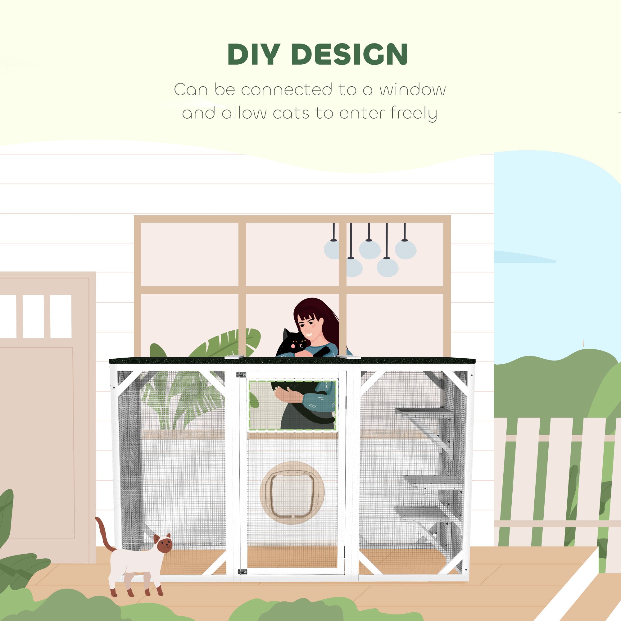 PawHut Cat Cage Indoor Catio Outdoor Cat Enclosure Pet House Small Animal Hutch for Rabbit, Kitten, Crate Kennel with Waterproof Roof, Multi-Level Platforms, Lock, White