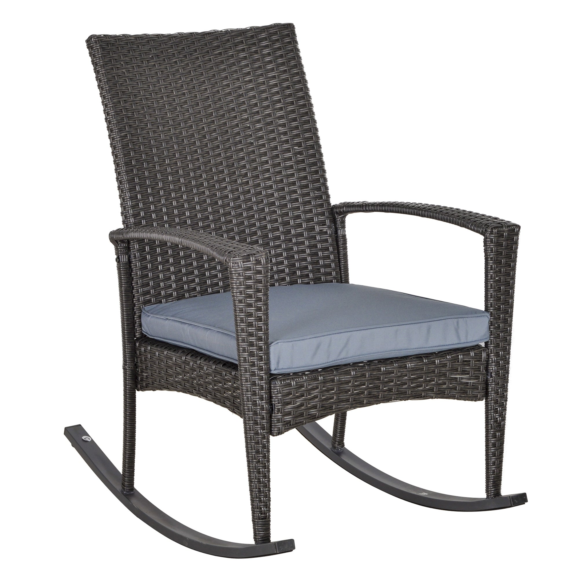 Outsunny Outdoor PE Rattan Rocking Chair, Garden Wicker Glider Rocking Chair Set with Armrest and Cushion for Patio, Balcony, Deck, Grey