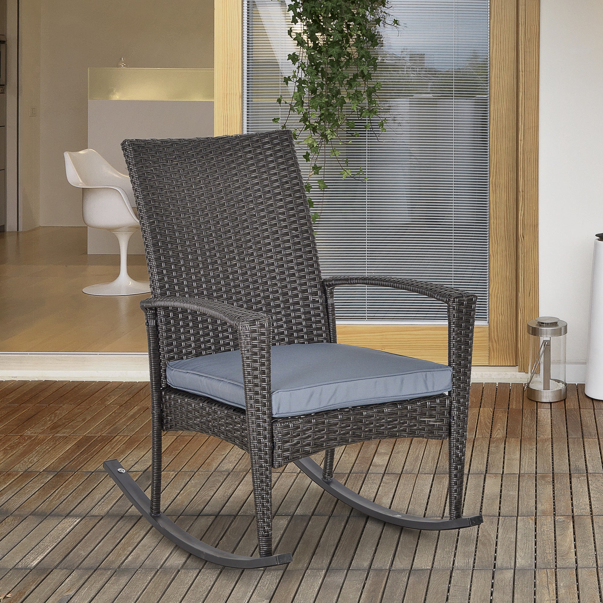 Outsunny Outdoor PE Rattan Rocking Chair, Garden Wicker Glider Rocking Chair Set with Armrest and Cushion for Patio, Balcony, Deck, Grey