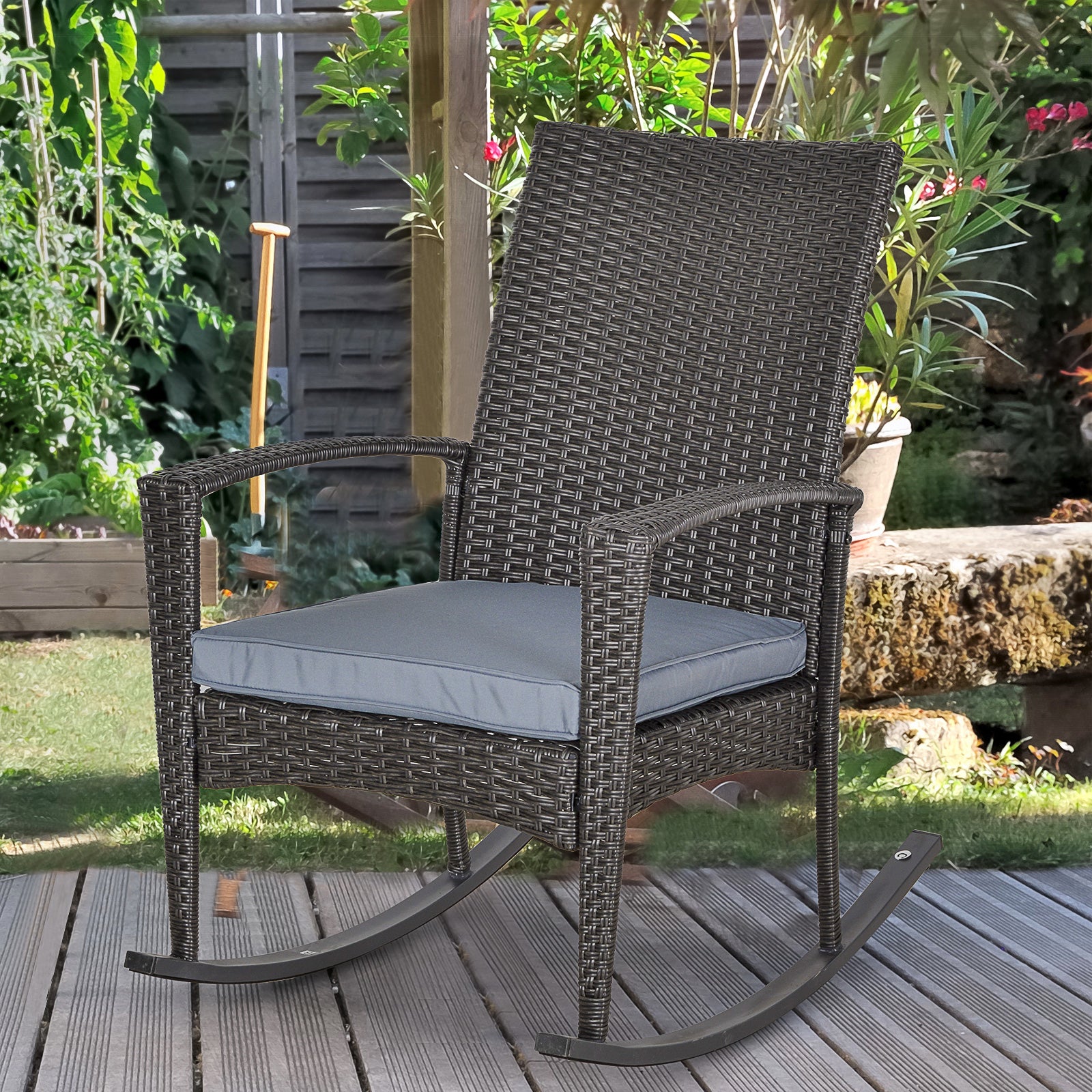 Outsunny Outdoor PE Rattan Rocking Chair, Garden Wicker Glider Rocking Chair Set with Armrest and Cushion for Patio, Balcony, Deck, Grey