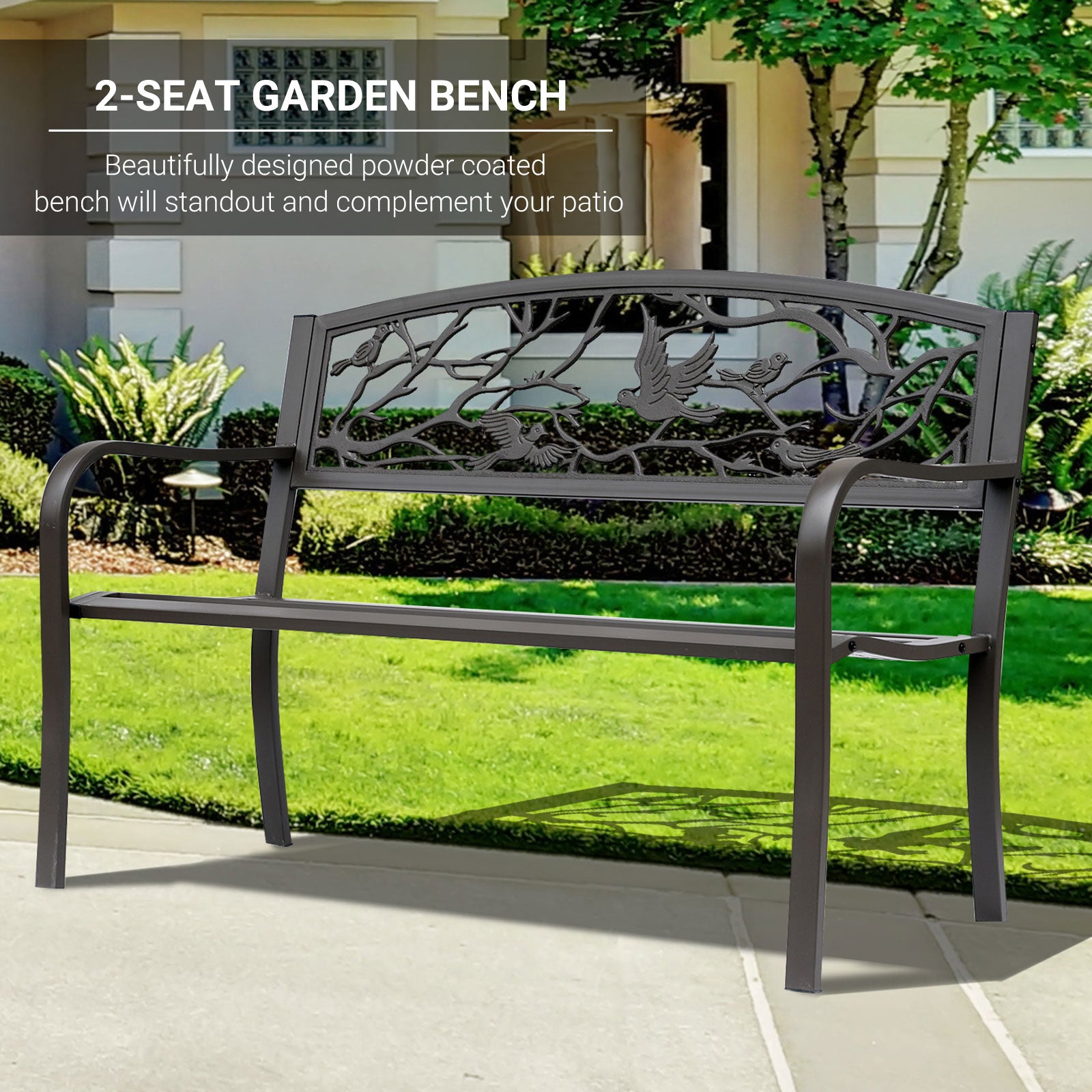Outsunny 50" Garden Bench Outdoor Loveseat with Vintage Bird Pattern Cast Metal - Brown