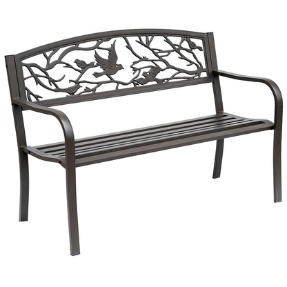 Outsunny 50" Garden Bench Outdoor Loveseat with Vintage Bird Pattern Cast Metal - Brown