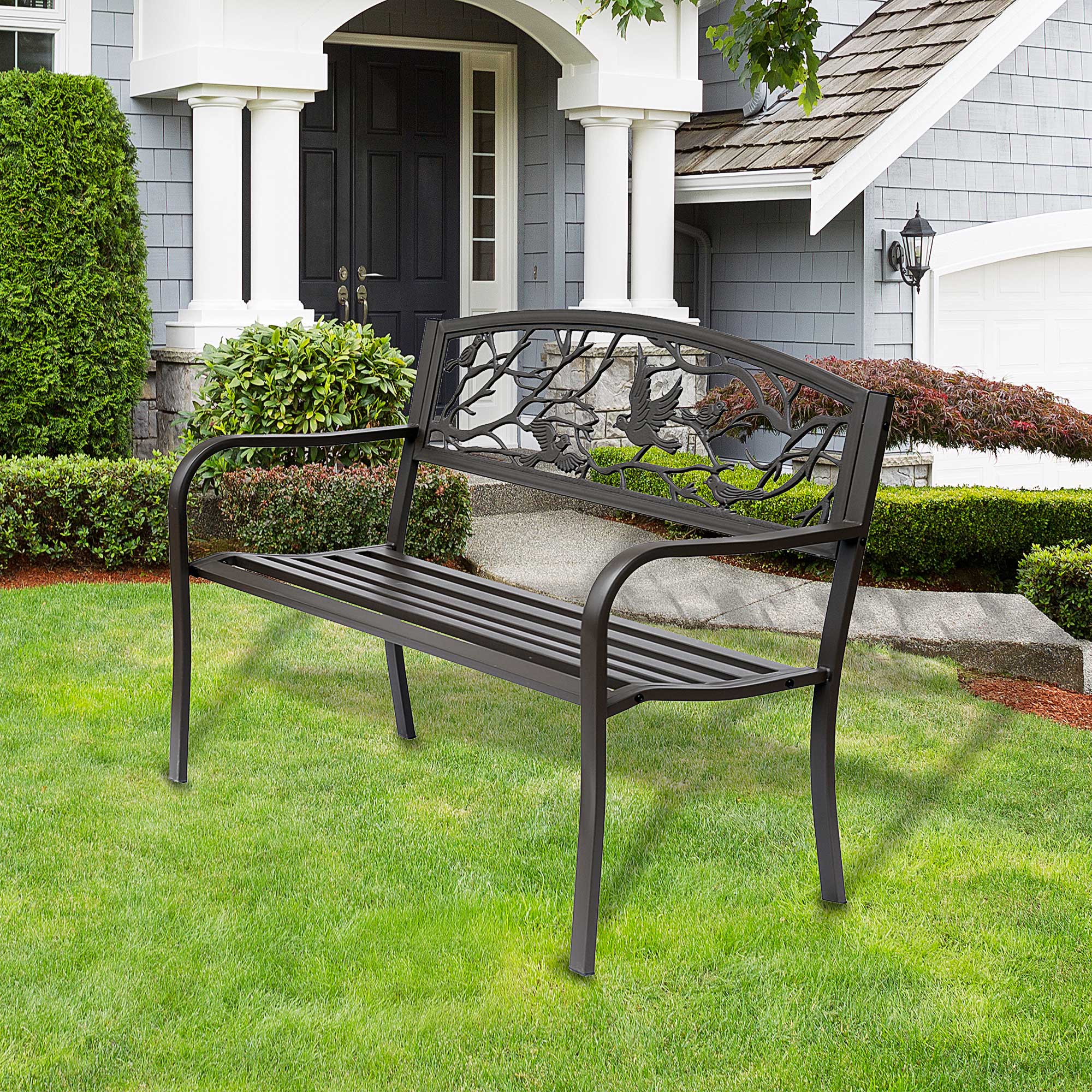 Outsunny 50" Garden Bench Outdoor Loveseat with Vintage Bird Pattern Cast Metal - Brown