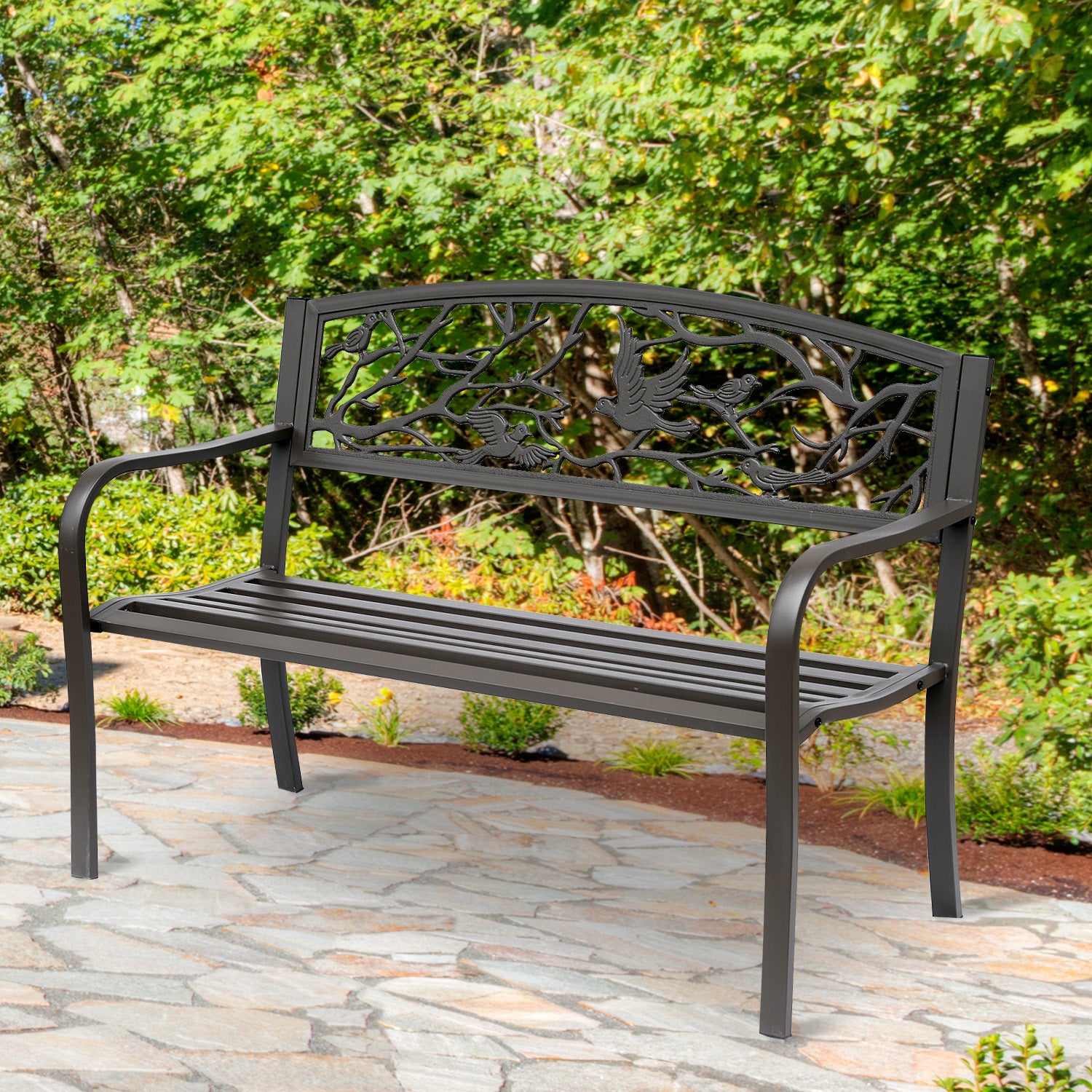 Outsunny 50" Garden Bench Outdoor Loveseat with Vintage Bird Pattern Cast Metal - Brown