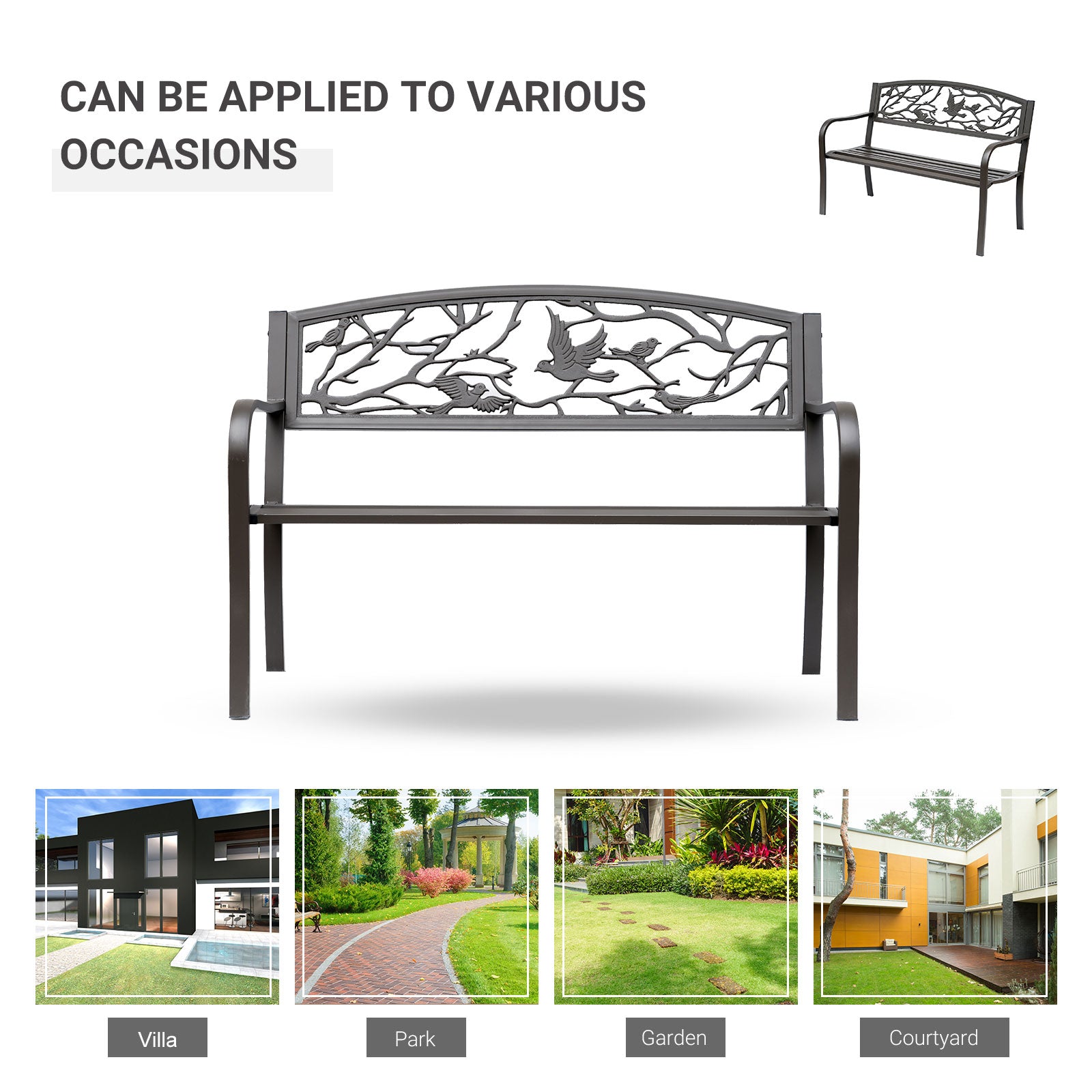 Outsunny 50" Garden Bench Outdoor Loveseat with Vintage Bird Pattern Cast Metal - Brown