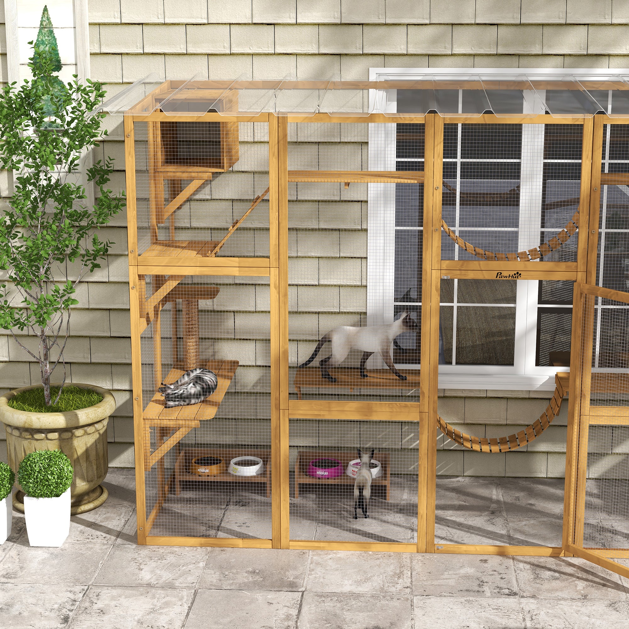 PawHut Catio Playground Cat Window Box Outside Enclosure, Outdoor Cat House with Weather Protection Roof for Multiple Kitties, Wooden Frame, Shelves & Bridges, 118" x 37.5" x 74", Yellow