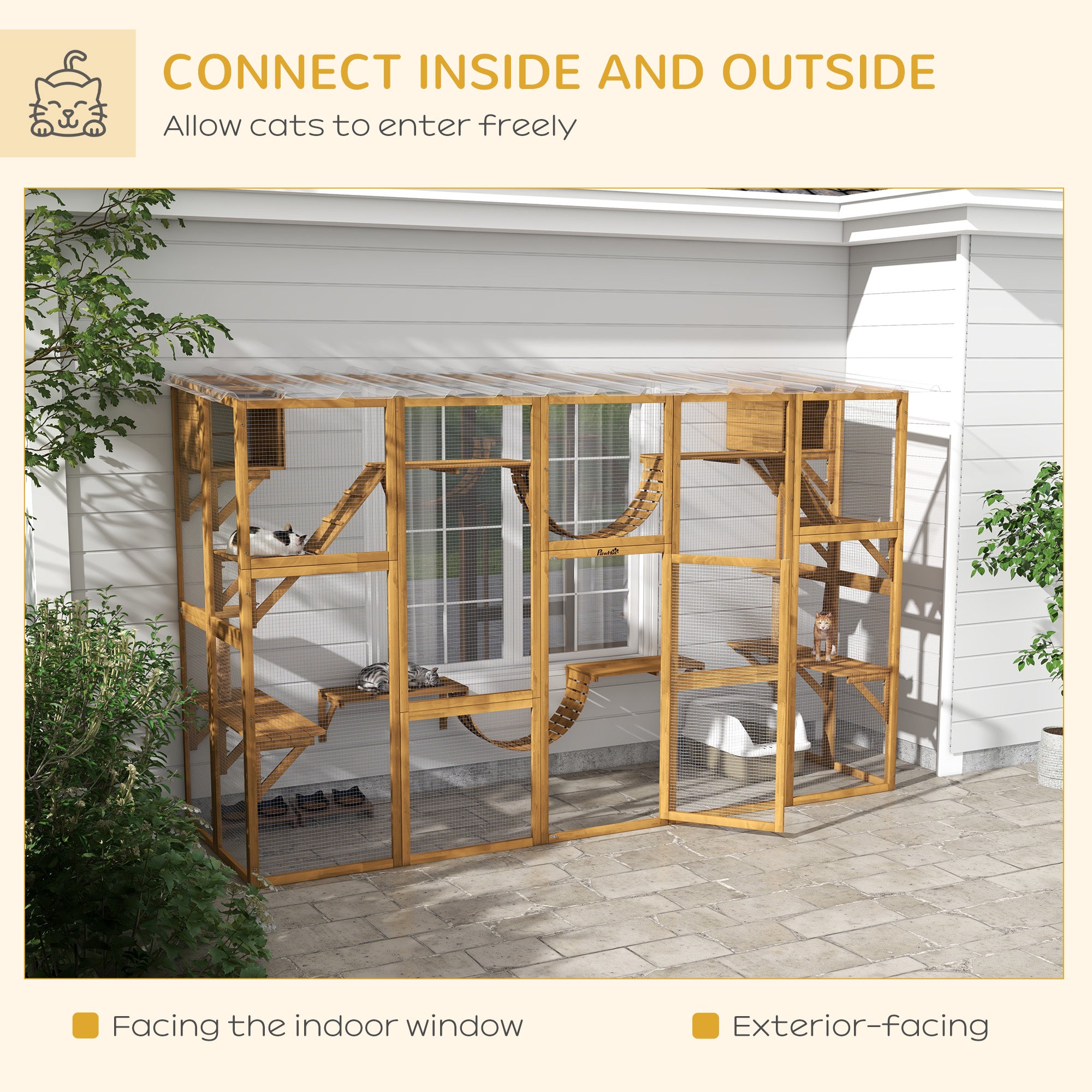 PawHut Catio Playground Cat Window Box Outside Enclosure, Outdoor Cat House with Weather Protection Roof for Multiple Kitties, Wooden Frame, Shelves & Bridges, 118" x 37.5" x 74", Yellow