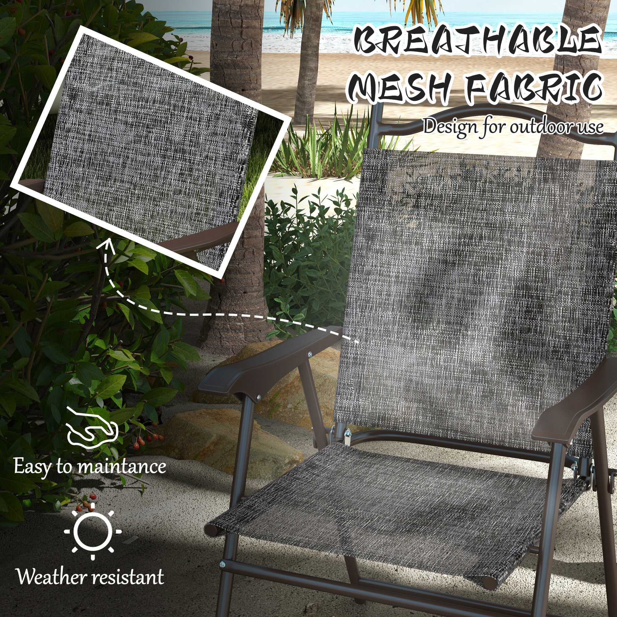 Outsunny Folding Patio Chairs Set of 4, Sports Chairs for Adults, Camping Chairs with Armrest, Breathable Mesh Fabric Seat for Lawn, Grey