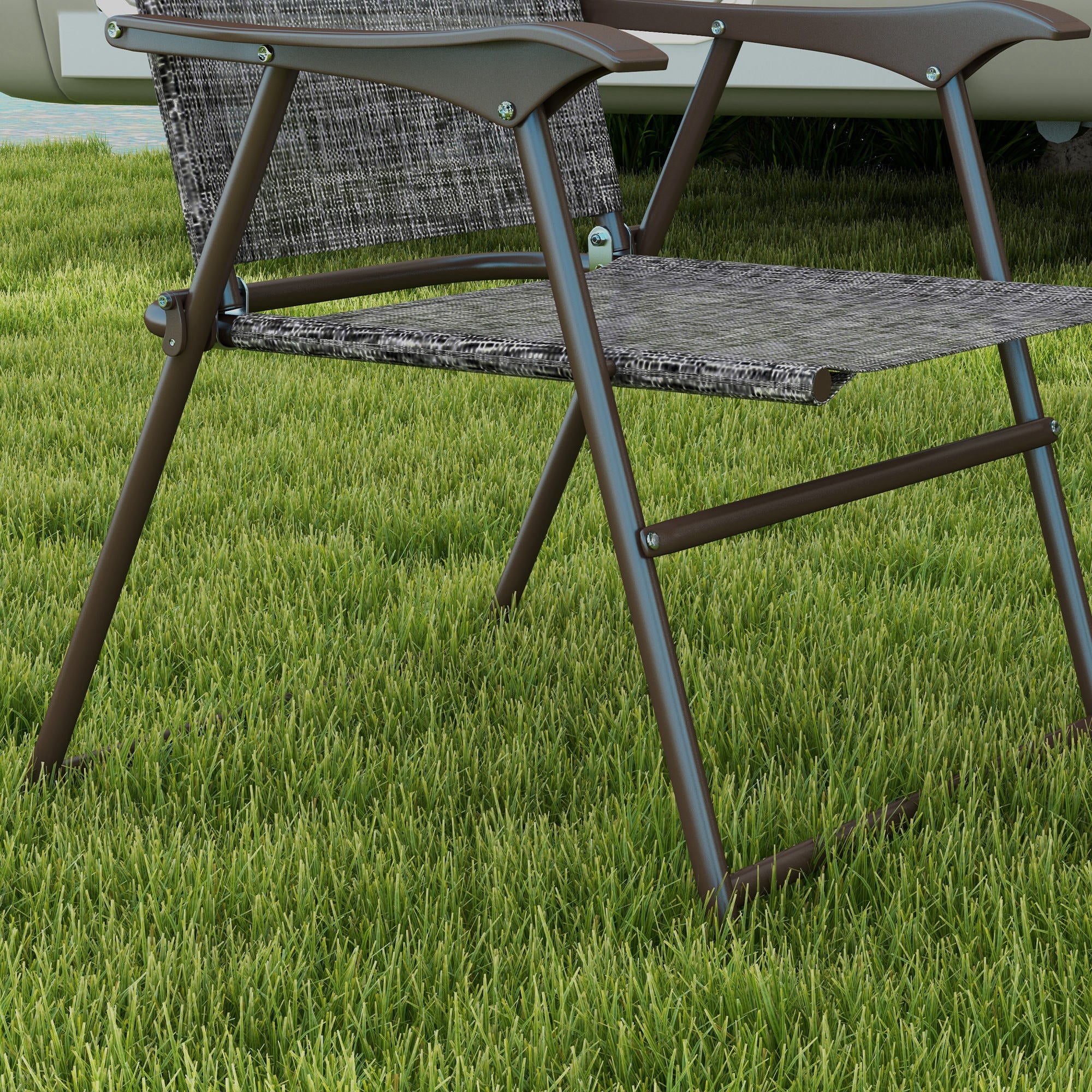 Outsunny Folding Patio Chairs Set of 4, Sports Chairs for Adults, Camping Chairs with Armrest, Breathable Mesh Fabric Seat for Lawn, Grey