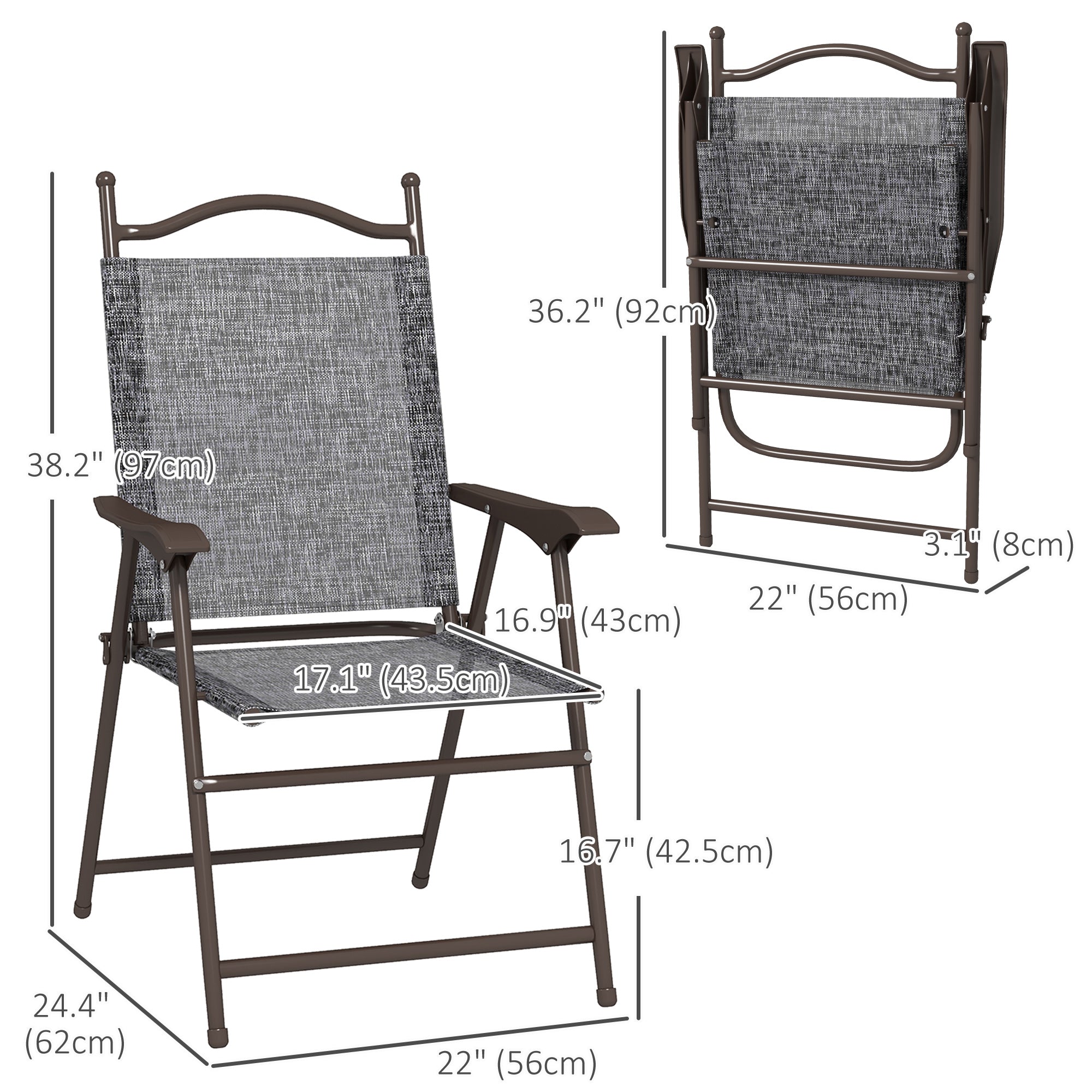 Outsunny Folding Patio Chairs Set of 4, Sports Chairs for Adults, Camping Chairs with Armrest, Breathable Mesh Fabric Seat for Lawn, Grey