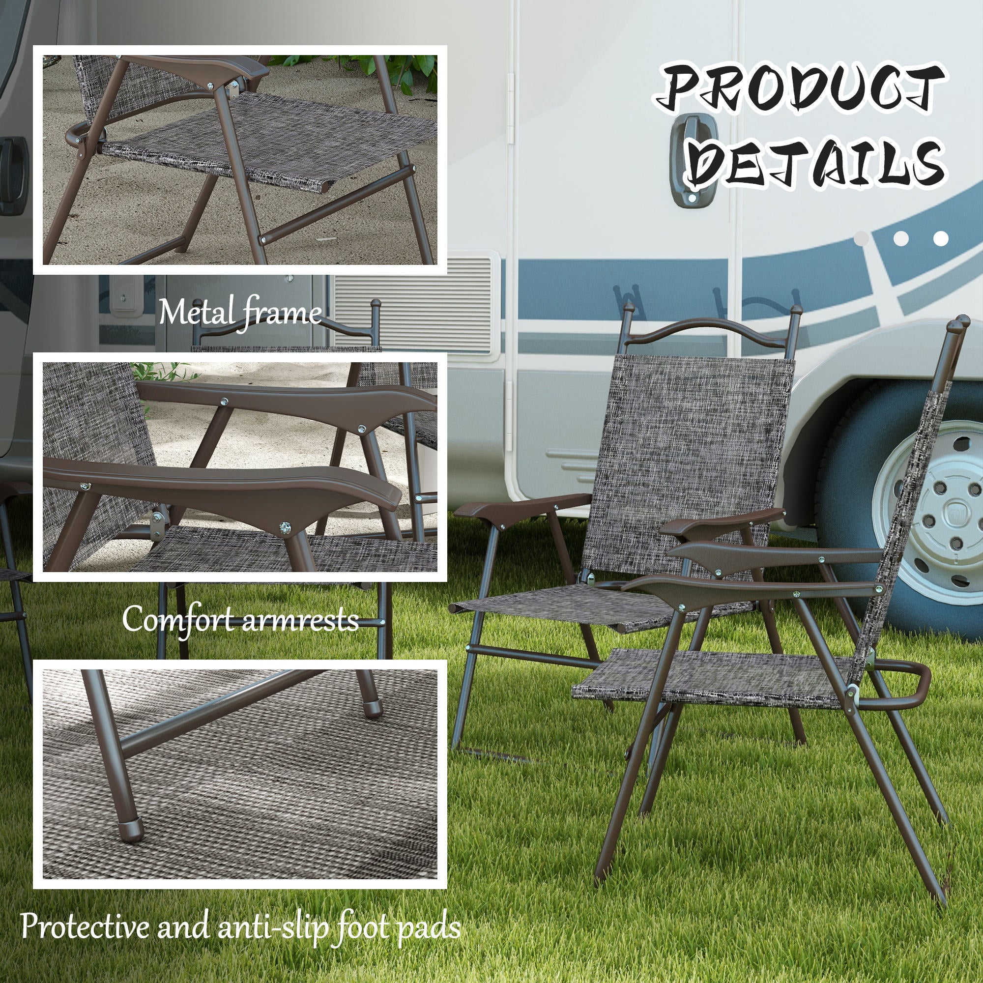 Outsunny Folding Patio Chairs Set of 4, Sports Chairs for Adults, Camping Chairs with Armrest, Breathable Mesh Fabric Seat for Lawn, Grey