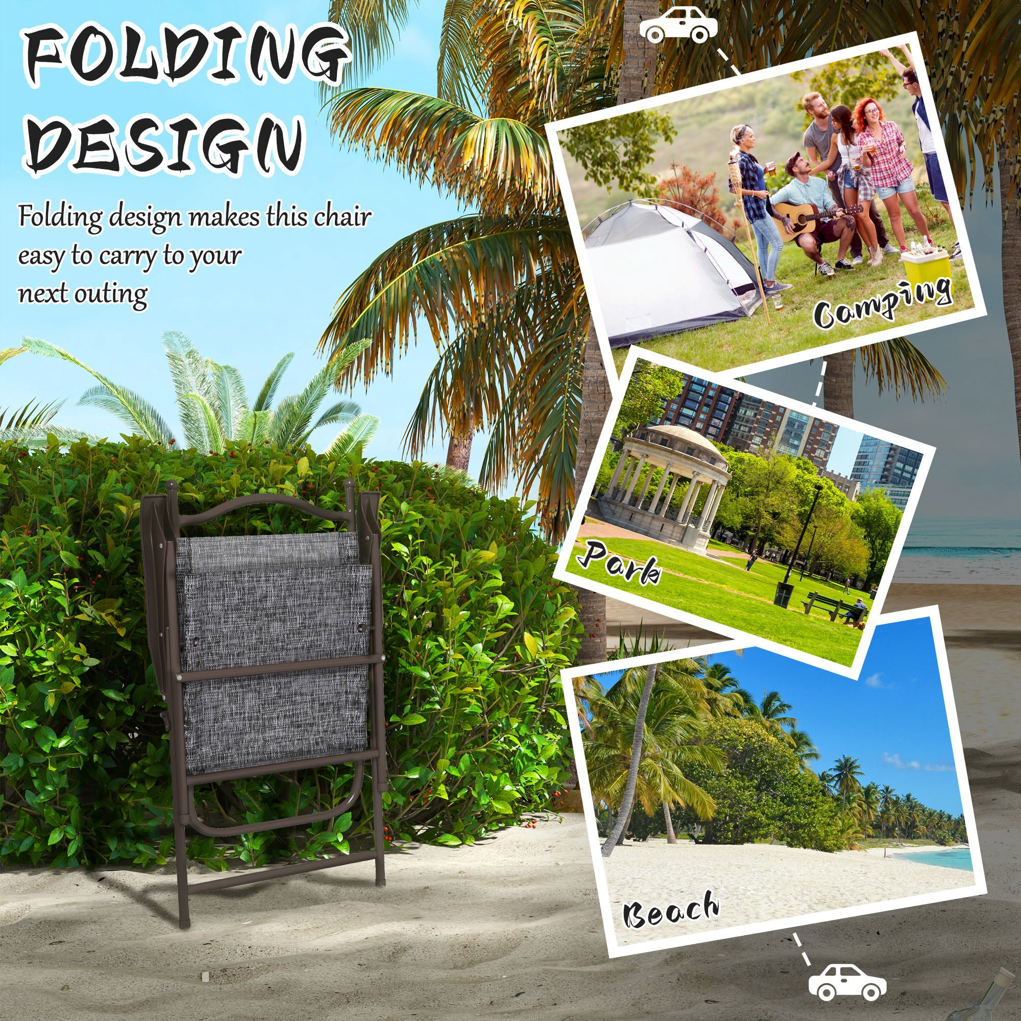 Outsunny Folding Patio Chairs Set of 4, Sports Chairs for Adults, Camping Chairs with Armrest, Breathable Mesh Fabric Seat for Lawn, Grey
