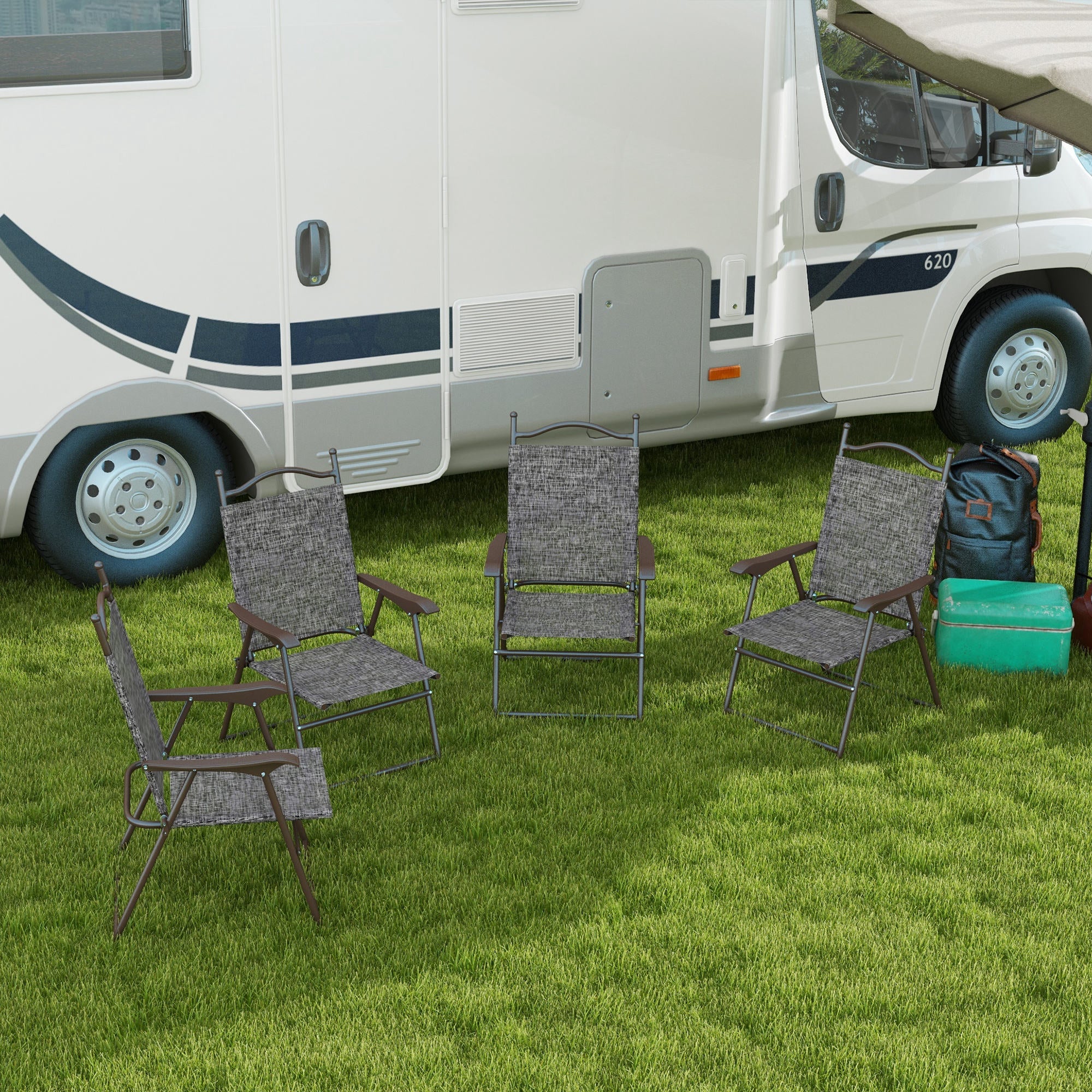 Outsunny Folding Patio Chairs Set of 4, Sports Chairs for Adults, Camping Chairs with Armrest, Breathable Mesh Fabric Seat for Lawn, Grey