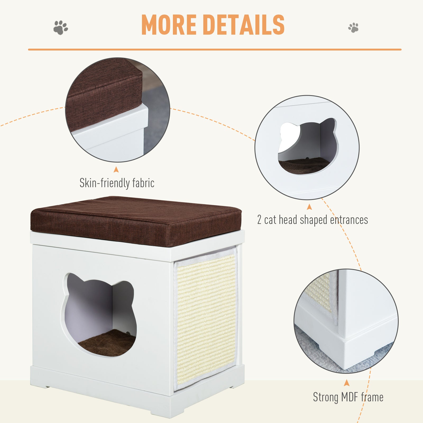 PawHut Wooden Cat Bed Cube House with Soft Padded Cushions, 2 Exterior Scratching Boards, & Interior Space, White