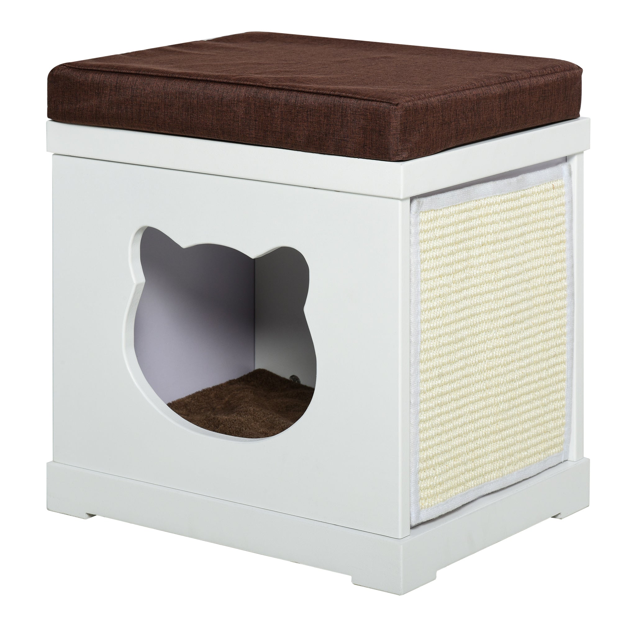 PawHut Wooden Cat Bed Cube House with Soft Padded Cushions, 2 Exterior Scratching Boards, & Interior Space, White