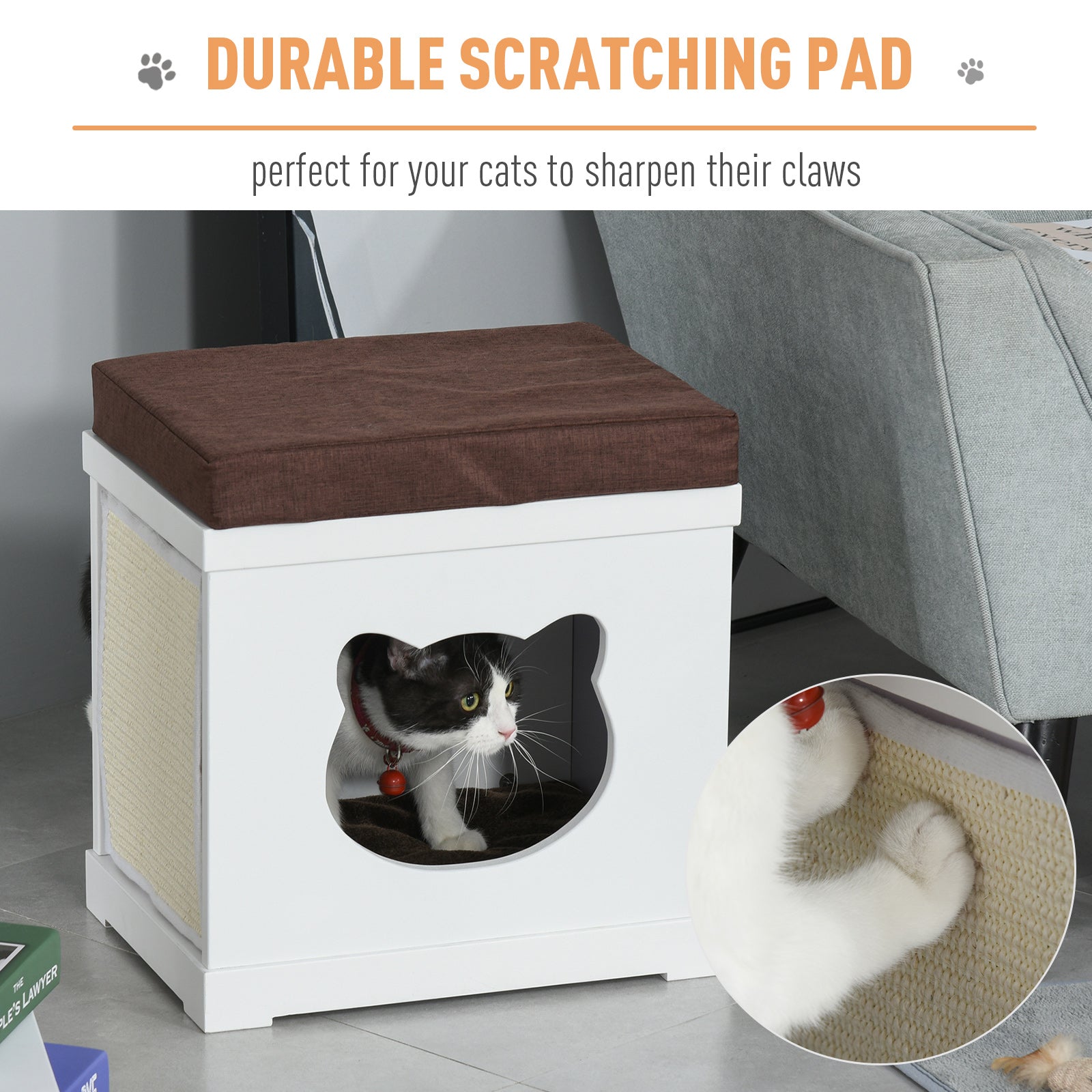 PawHut Wooden Cat Bed Cube House with Soft Padded Cushions, 2 Exterior Scratching Boards, & Interior Space, White