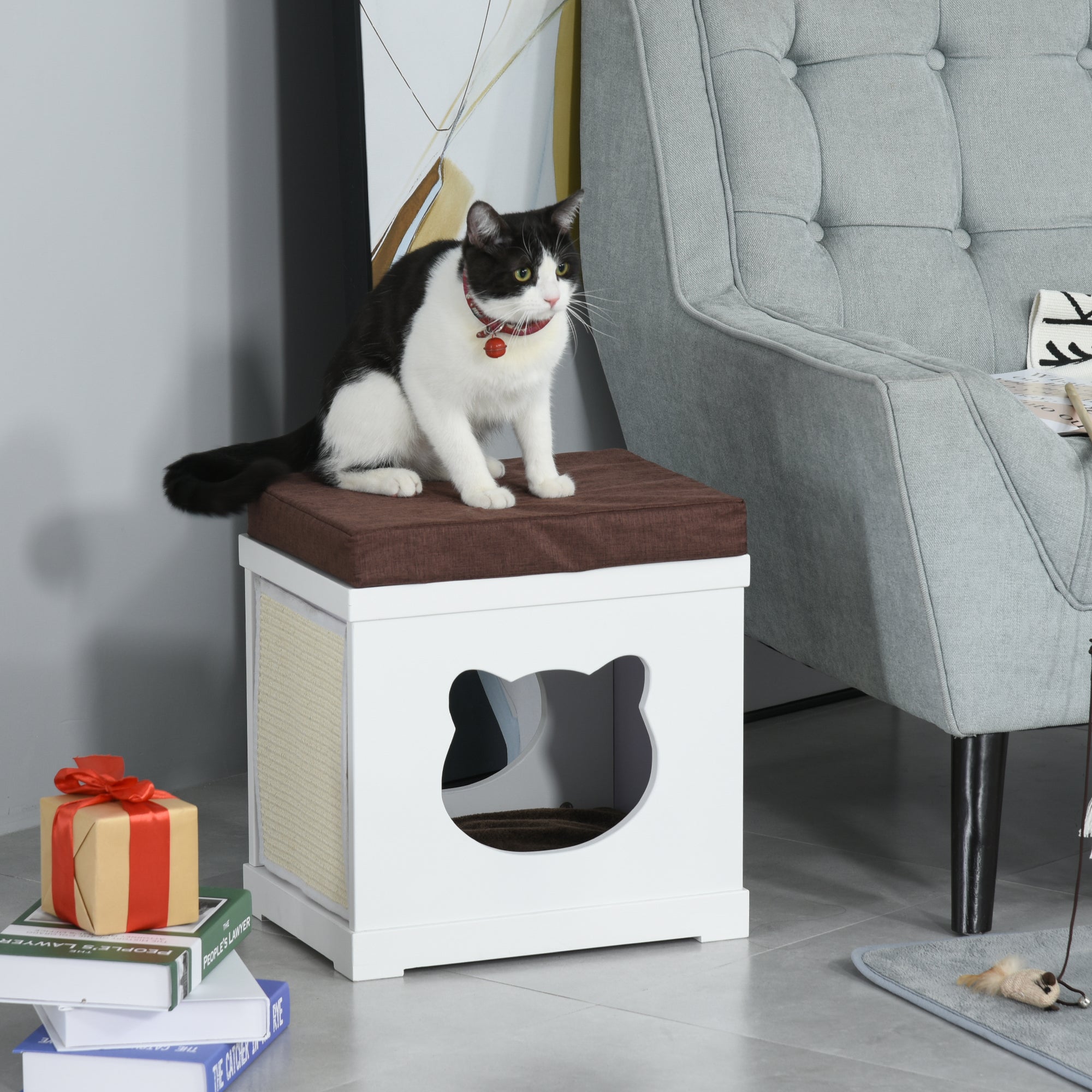 PawHut Wooden Cat Bed Cube House with Soft Padded Cushions, 2 Exterior Scratching Boards, & Interior Space, White