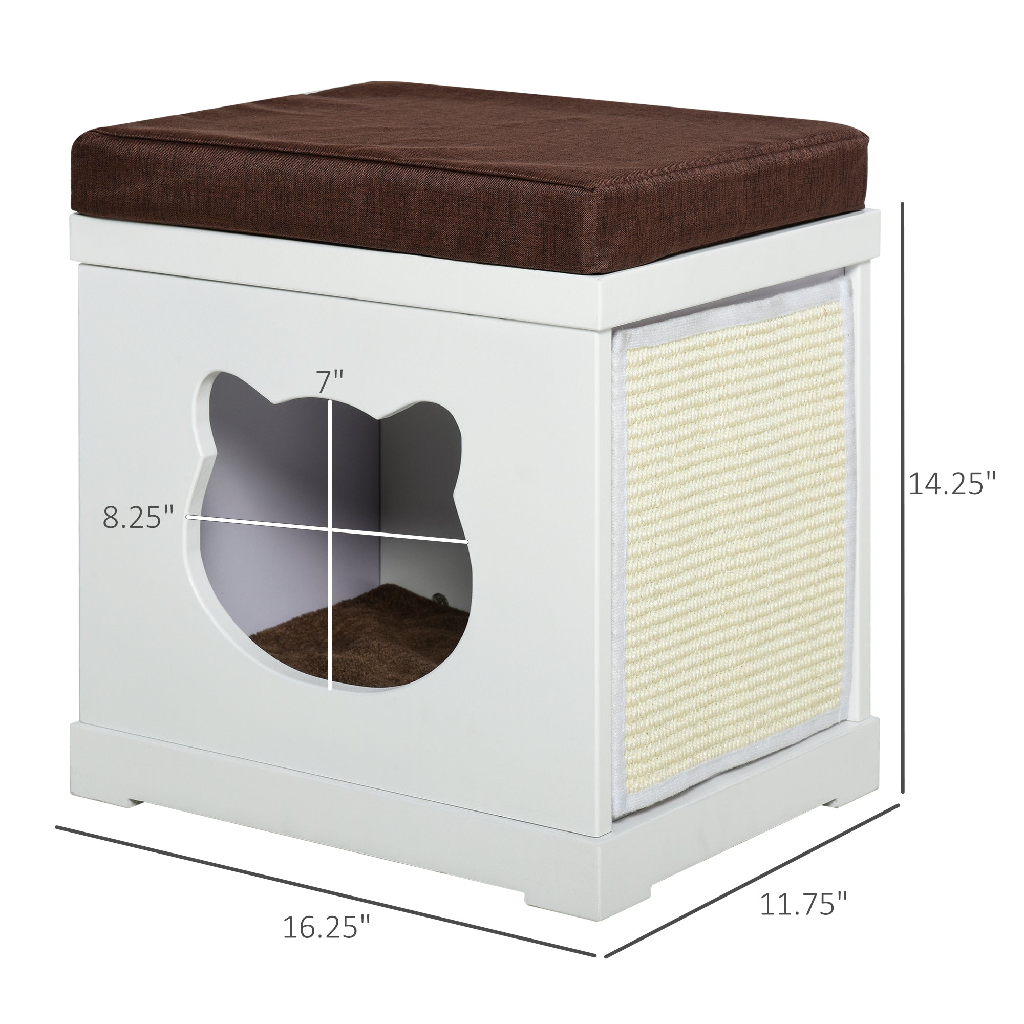 PawHut Wooden Cat Bed Cube House with Soft Padded Cushions, 2 Exterior Scratching Boards, & Interior Space, White