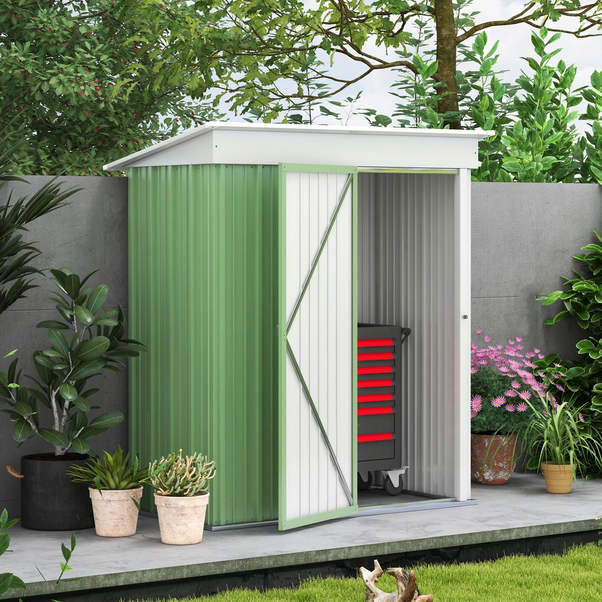 Outsunny 5' x 3' Steel Outdoor Storage Shed, Lean-to Garden Shed with Adjustable Shelf,  Foundation Kit, Lock and Gloves for Lawn Mower, Tool, Patio, Lawn, Green