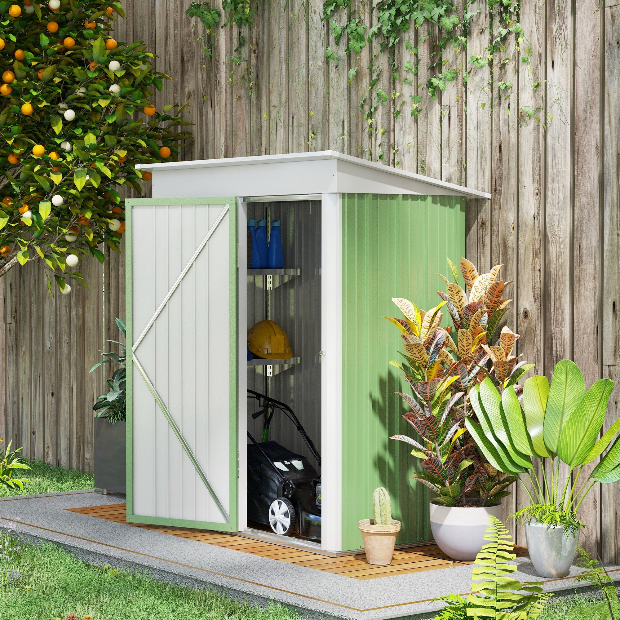 Outsunny 5' x 3' Steel Outdoor Storage Shed, Lean-to Garden Shed with Adjustable Shelf,  Foundation Kit, Lock and Gloves for Lawn Mower, Tool, Patio, Lawn, Green